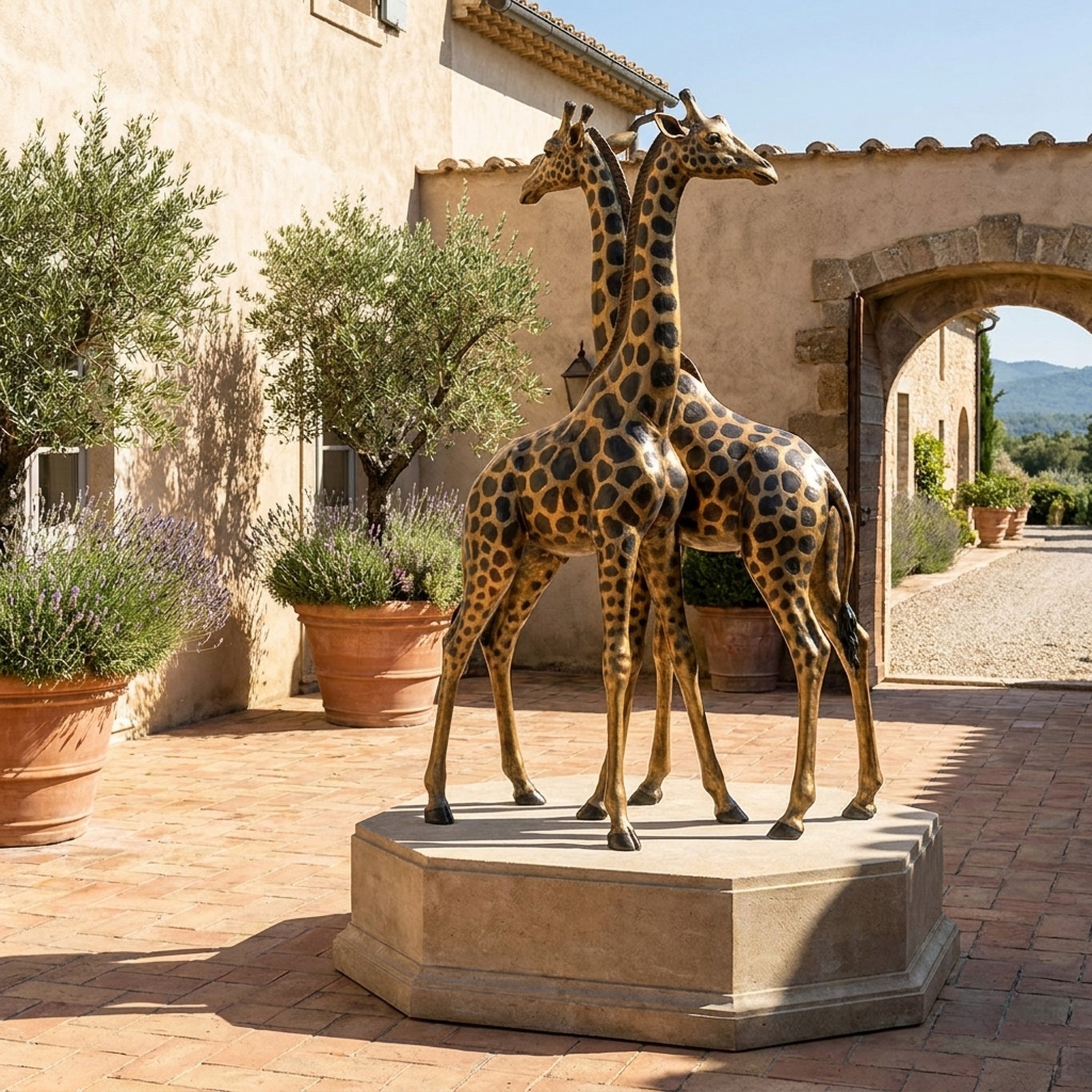 Monumental Intertwined Giraffes Bronze Sculpture by Giant Sculptures with two-tone patina, displayed on a stone plinth in a Mediterranean villa courtyard.