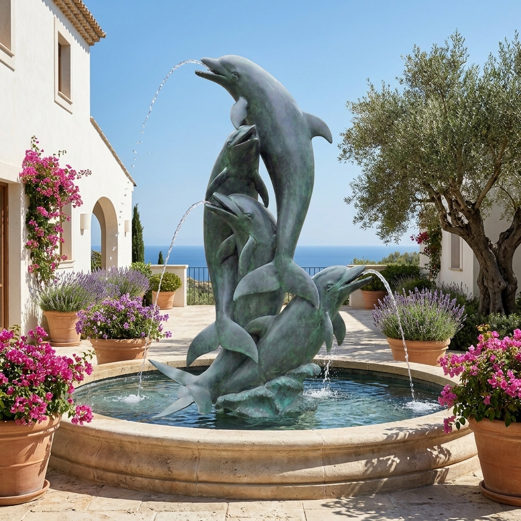 Monumental Leaping Dolphins Bronze Fountain by Giant Sculptures with five verdigris dolphins spouting water in a Mediterranean courtyard with sea views.