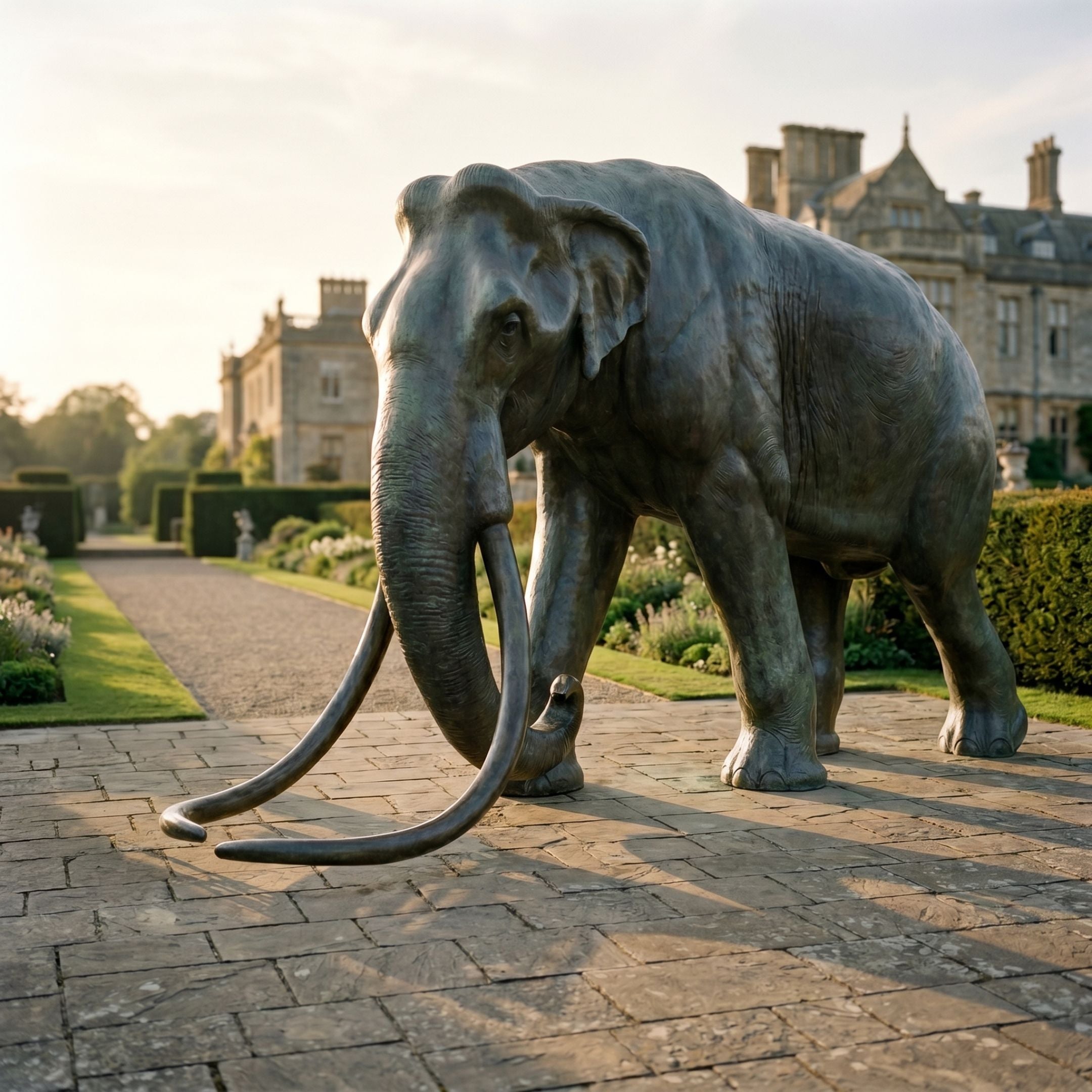 Giant Sculptures Monumental Life-Size Walking Elephant Bronze Sculpture with sweeping tusks and dark patina, set on stone paving before a grand estate at sunrise.