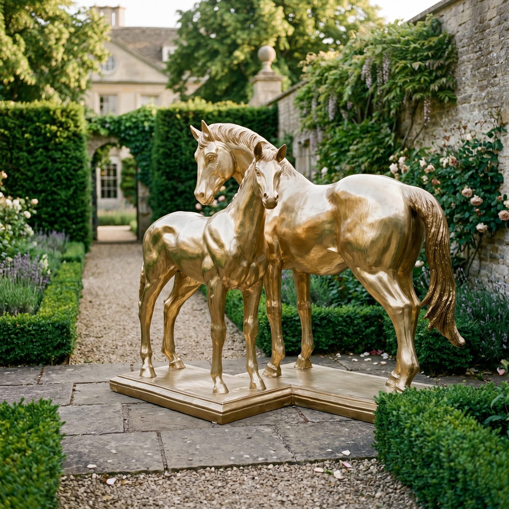 Monumental Mare and Foal Bronze Sculpture by Giant Sculptures in polished gold finish, displayed on a gravel path in a manor garden with roses and hedges.