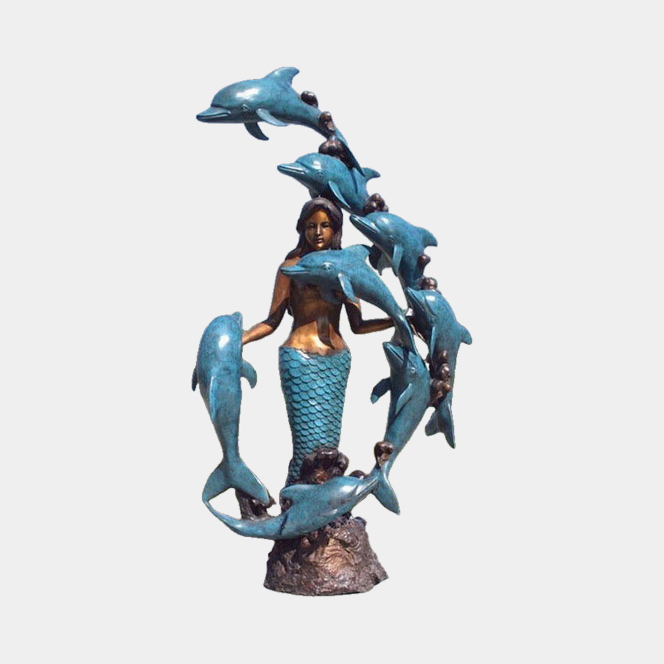 Monumental Mermaid and Leaping Dolphins Bronze Sculpture by Giant Sculptures, with a central mermaid encircled by six blue-green dolphins spiralling upward.