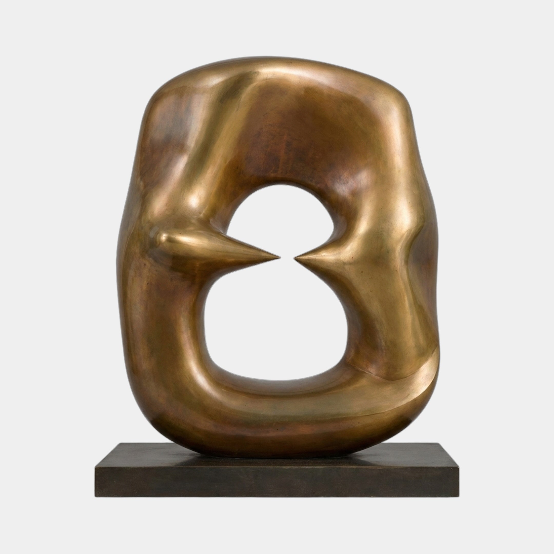 Monumental Modern Abstract Biomorphic Bronze Sculpture by Giant Sculptures, golden-brown patina with interlocking lobes and central void, on dark plinth.