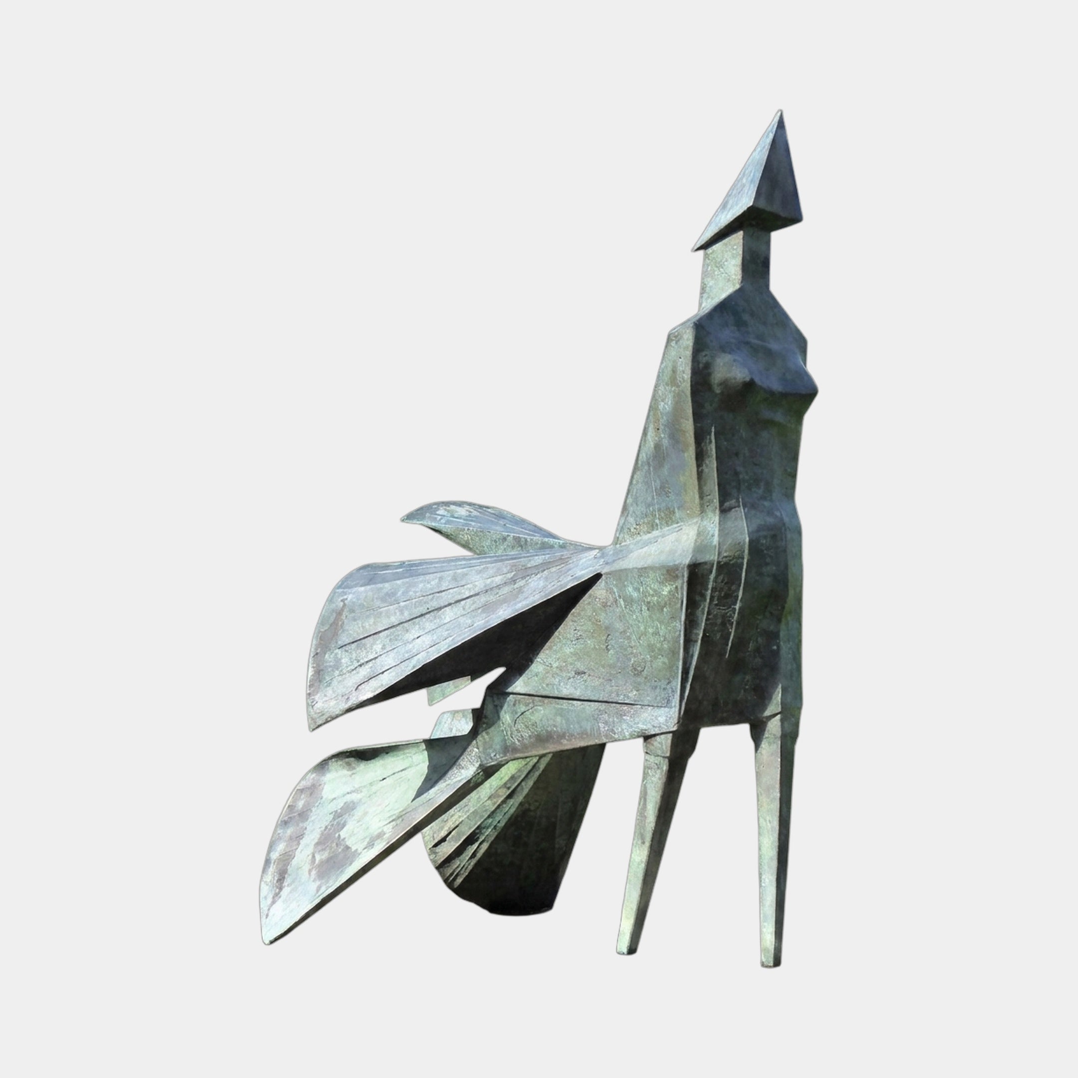 Monumental Modern Abstract Geometric Figure Bronze Sculpture by Giant Sculptures, 250cm, with faceted torso, pyramidal head, sweeping wing-like planes, verdigris patina.