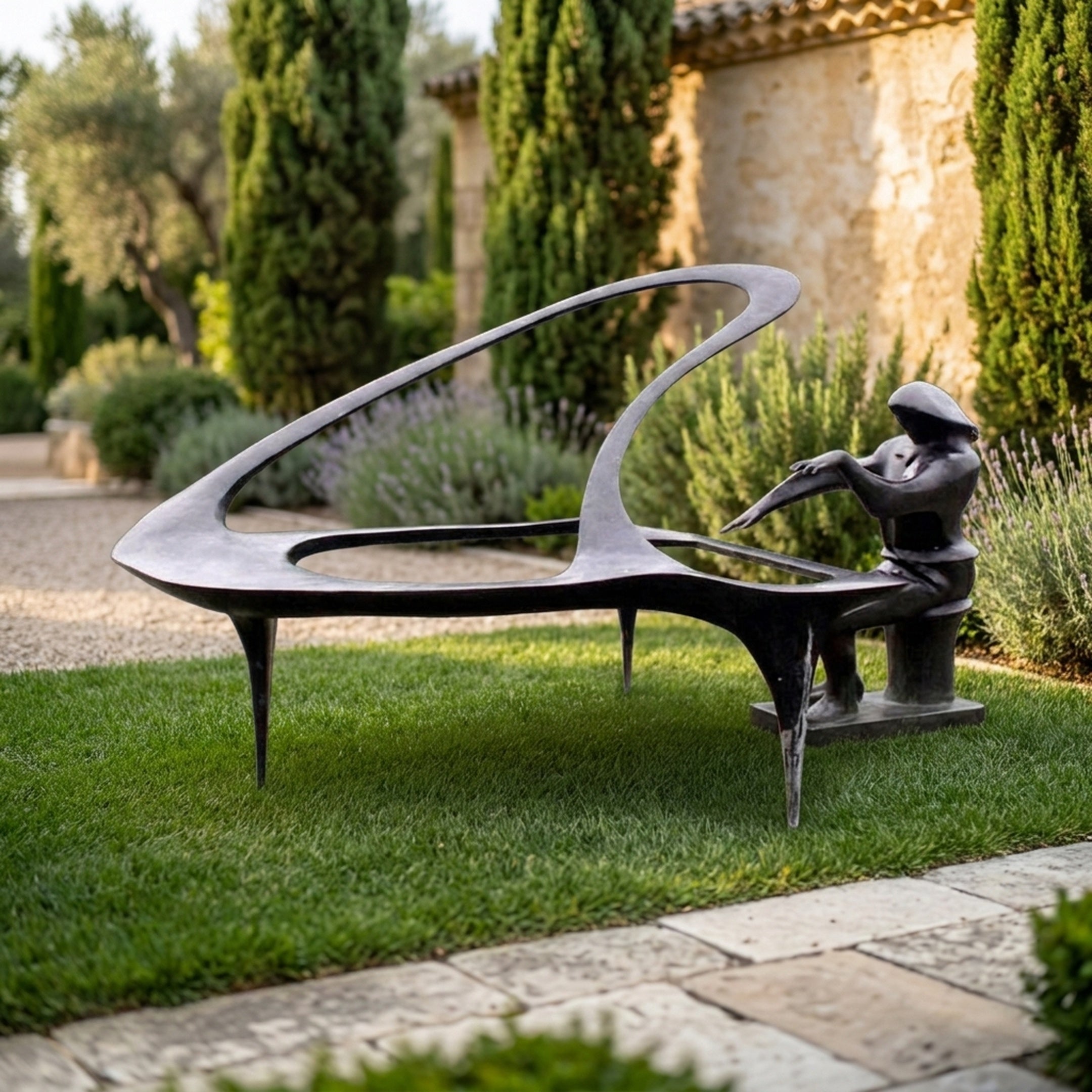 Giant Sculptures Monumental Modern Abstract Piano and Figure Bronze Sculpture in near-black patina on a lawn beside lavender, with cypress trees and a stone villa behind.