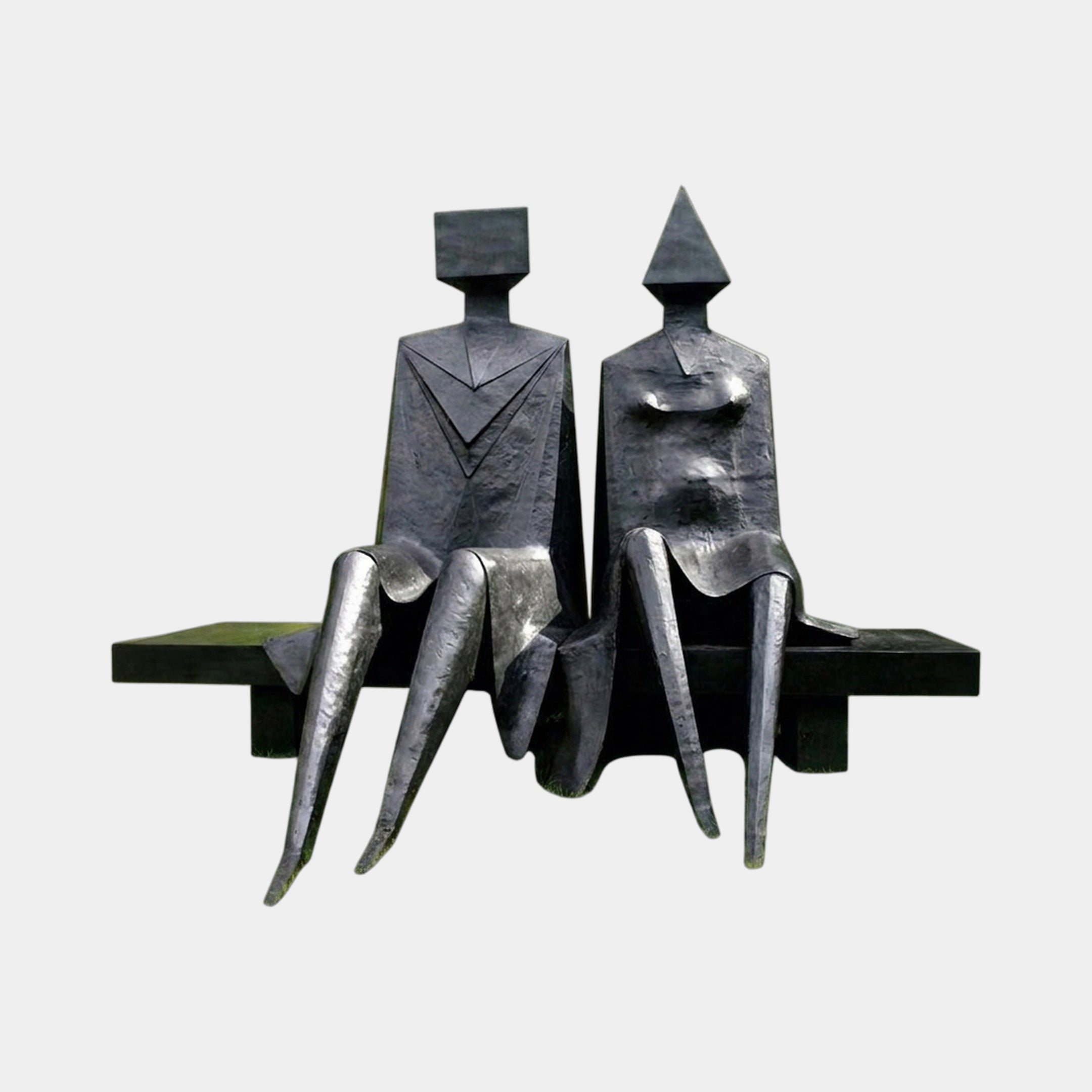 Monumental Modern Abstract Seated Figures Bronze Sculpture by Giant Sculptures, two stylised figures with cubic and triangular heads on an integral bench.