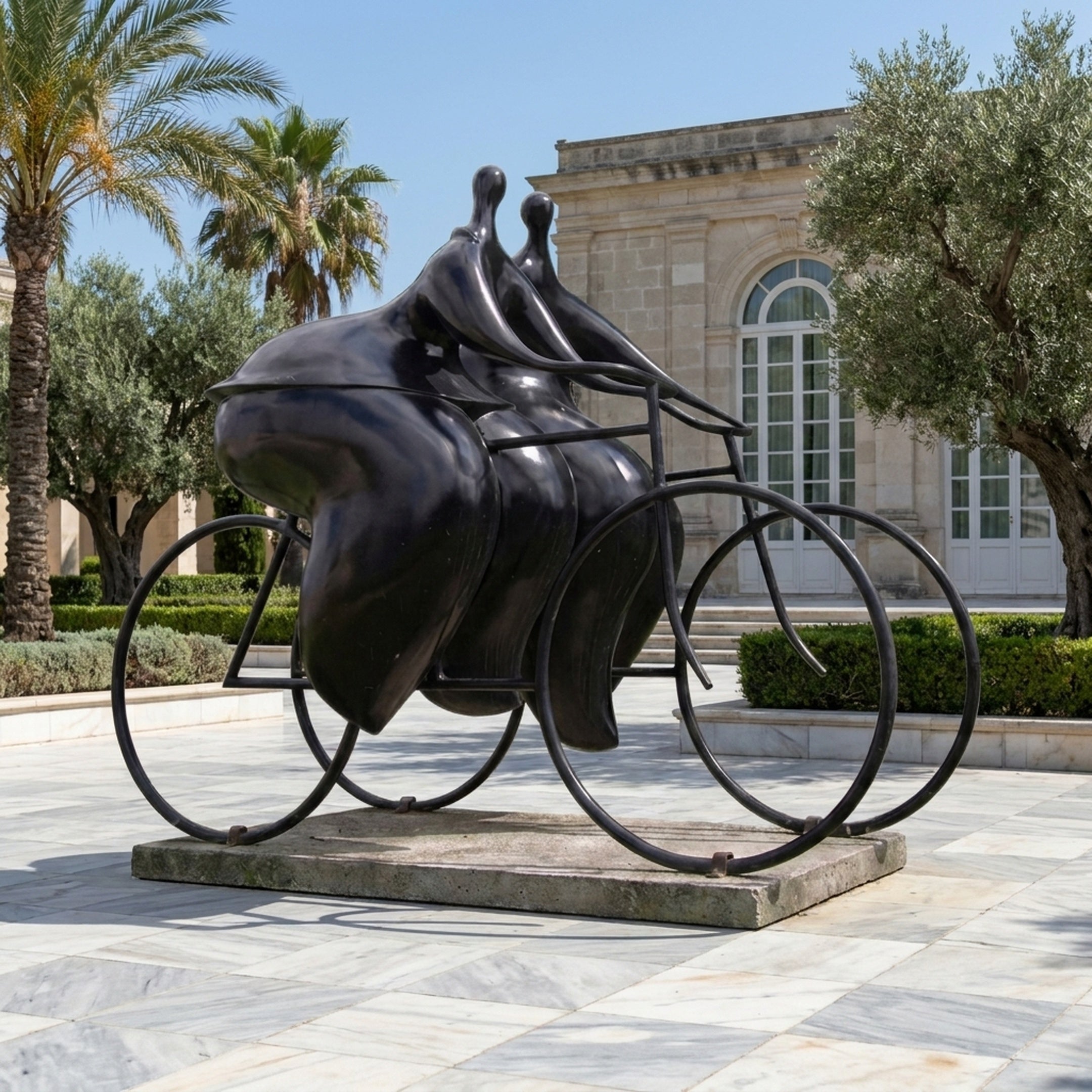 Monumental Modern Abstract Tandem Riders Bronze Sculpture by Giant Sculptures, two bulbous black-patina figures on a bicycle, displayed on a marble courtyard.