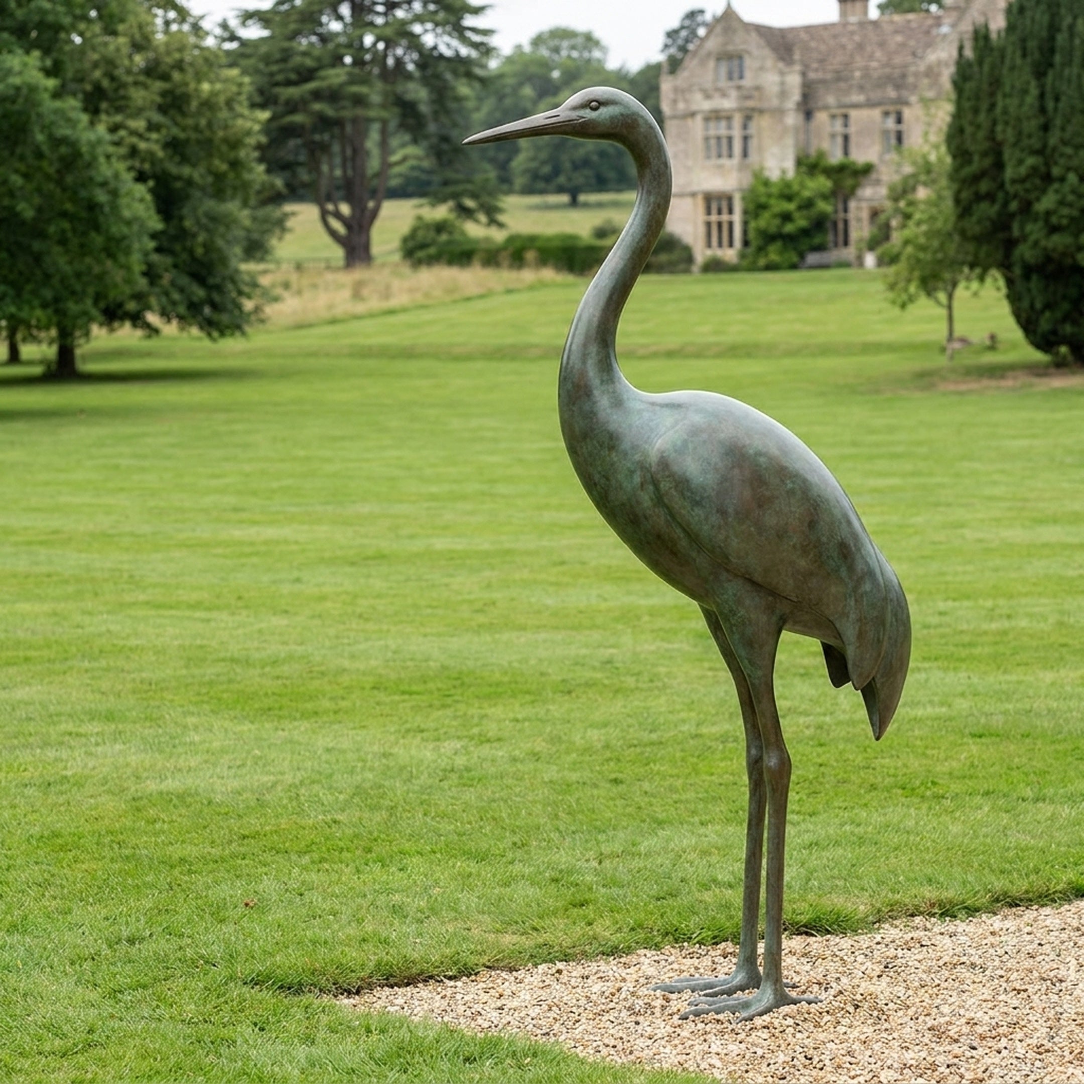 Monumental Modern Crane Bird Bronze Sculpture by Giant Sculptures, 300cm tall with green-brown verdigris patina, standing on gravel beside a manor lawn.