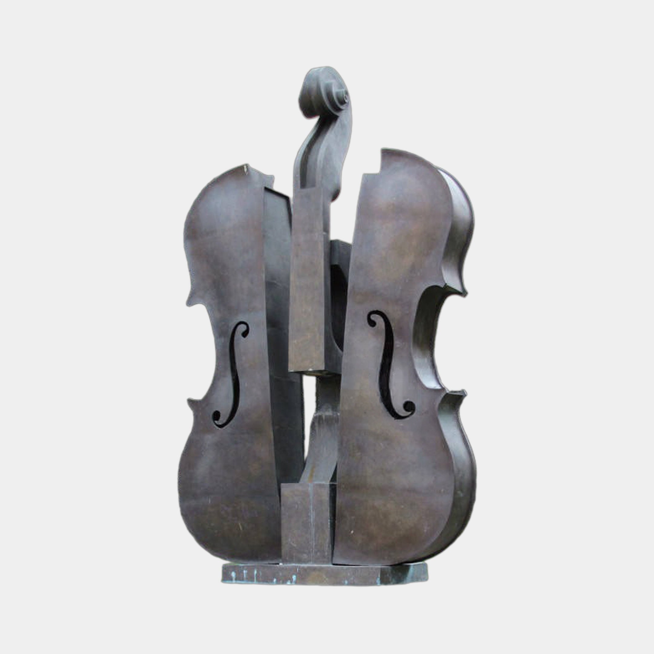 Monumental Modern Double Bass Bronze Sculpture by Giant Sculptures, 350cm, showing two overlapping violin forms with f-holes and a central scroll, on a plain background.