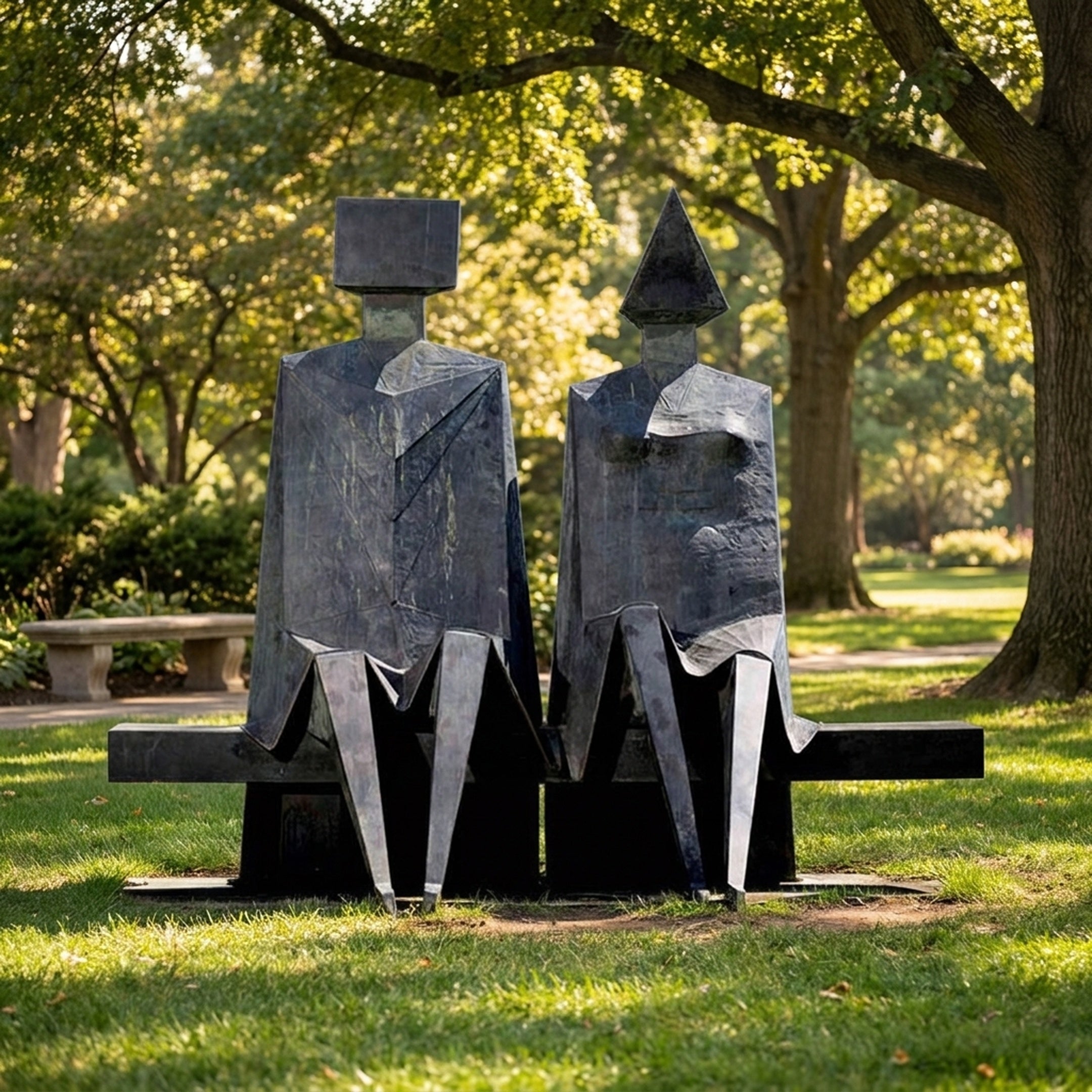 Monumental Modern Geometric Seated Figures Bronze Sculpture by Giant Sculptures, two faceted figures with cube and pyramid heads seated in a sunlit park.
