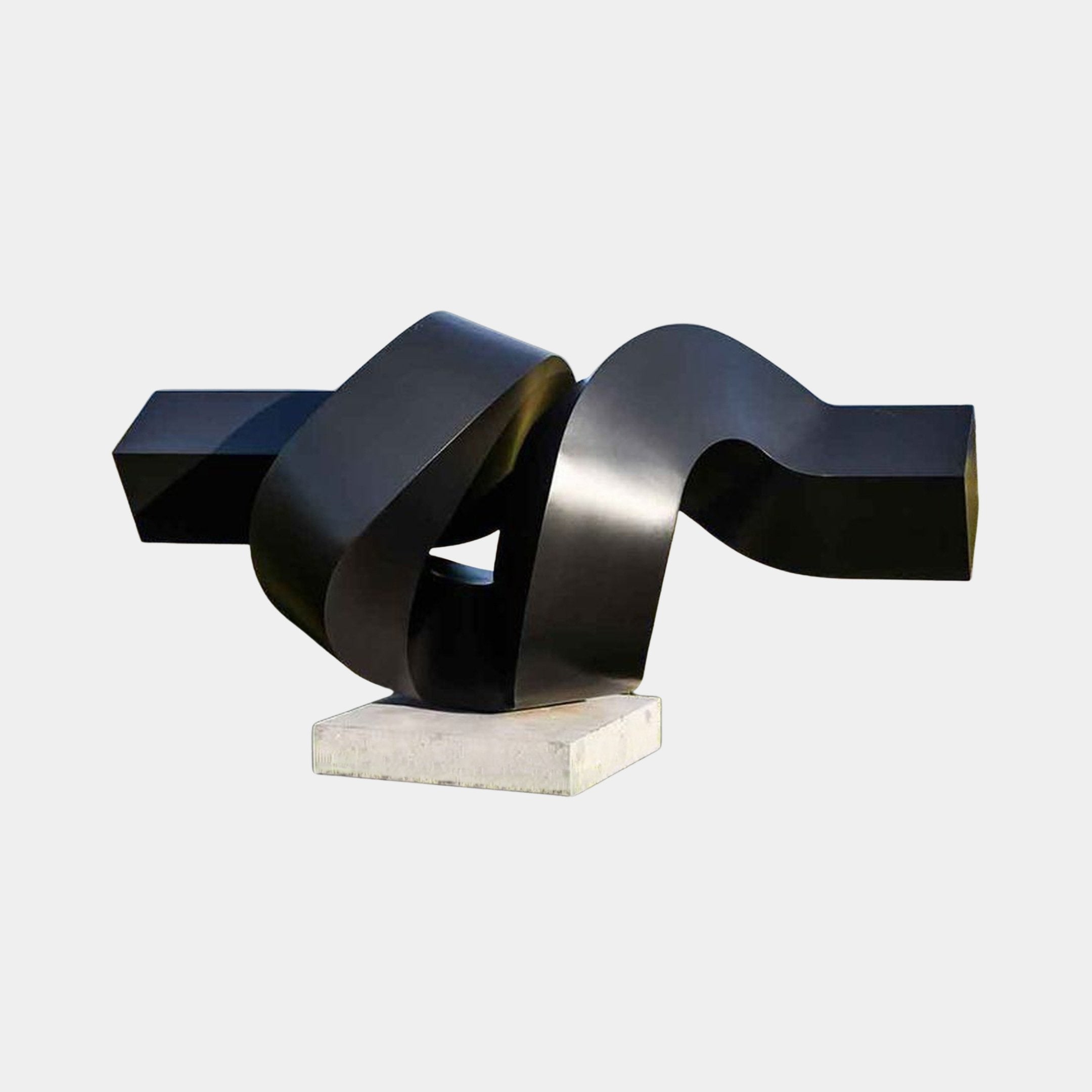 Monumental Modern Interlocking Ribbon Form Bronze Sculpture by Giant Sculptures, two twisting dark satin bronze forms on a pale stone plinth.