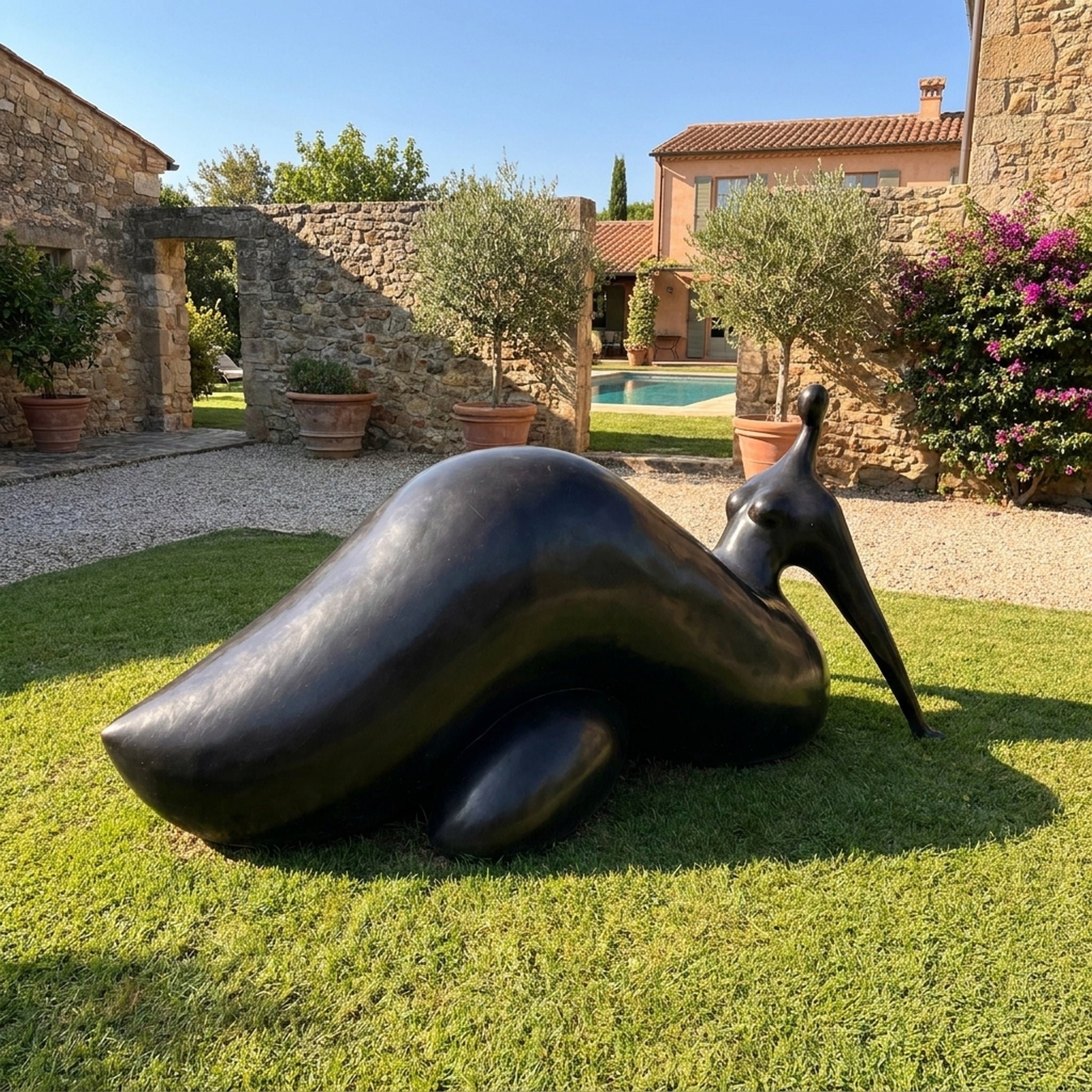 Monumental Modern Reclining Female Figure Bronze Sculpture in dark patina on a lawn beside a pool, stone walls, olive trees, and a terracotta villa.