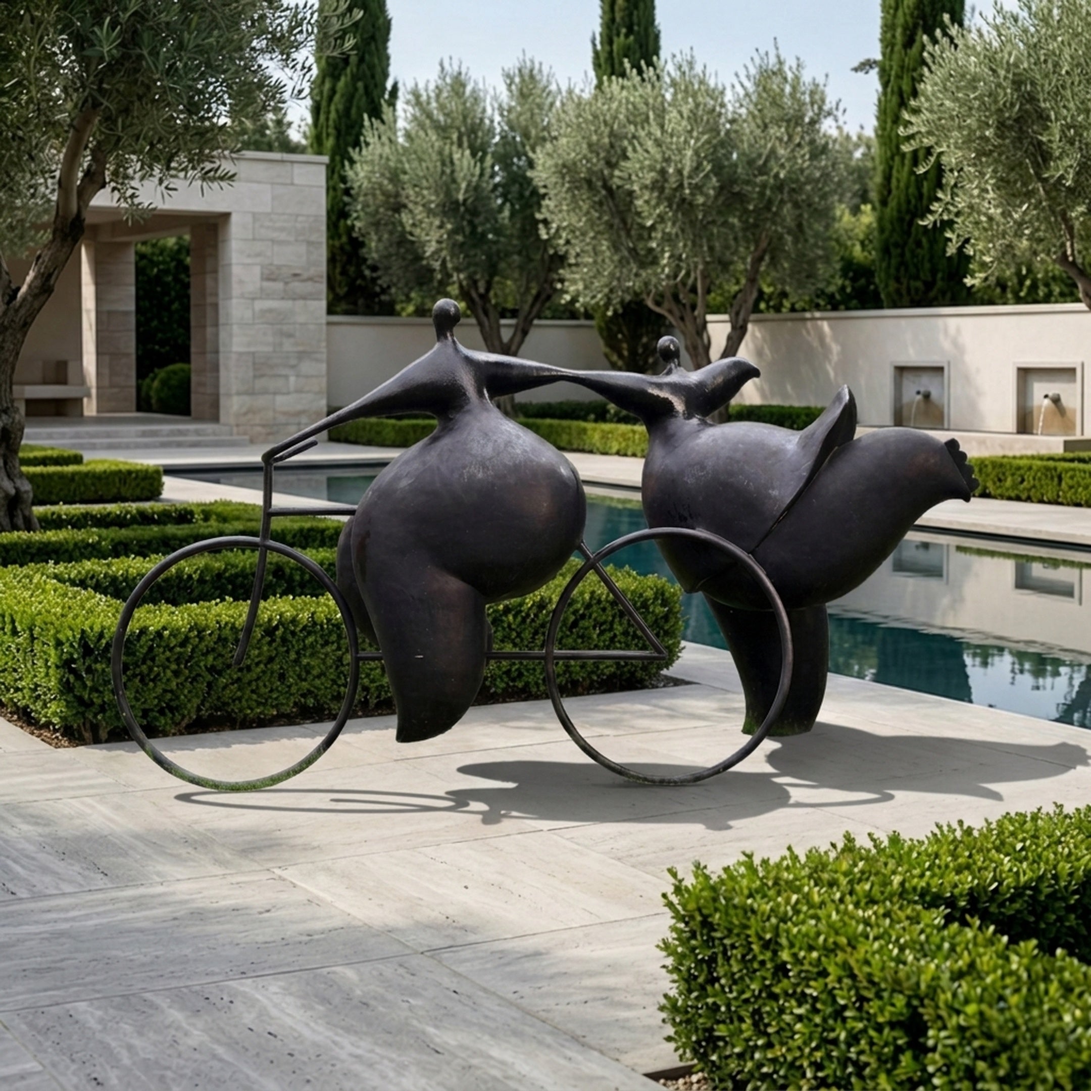 Monumental Modern Rotund Figures on Bicycle Bronze Sculpture by Giant Sculptures, dark patina, displayed beside a reflecting pool in a cypress and olive garden.