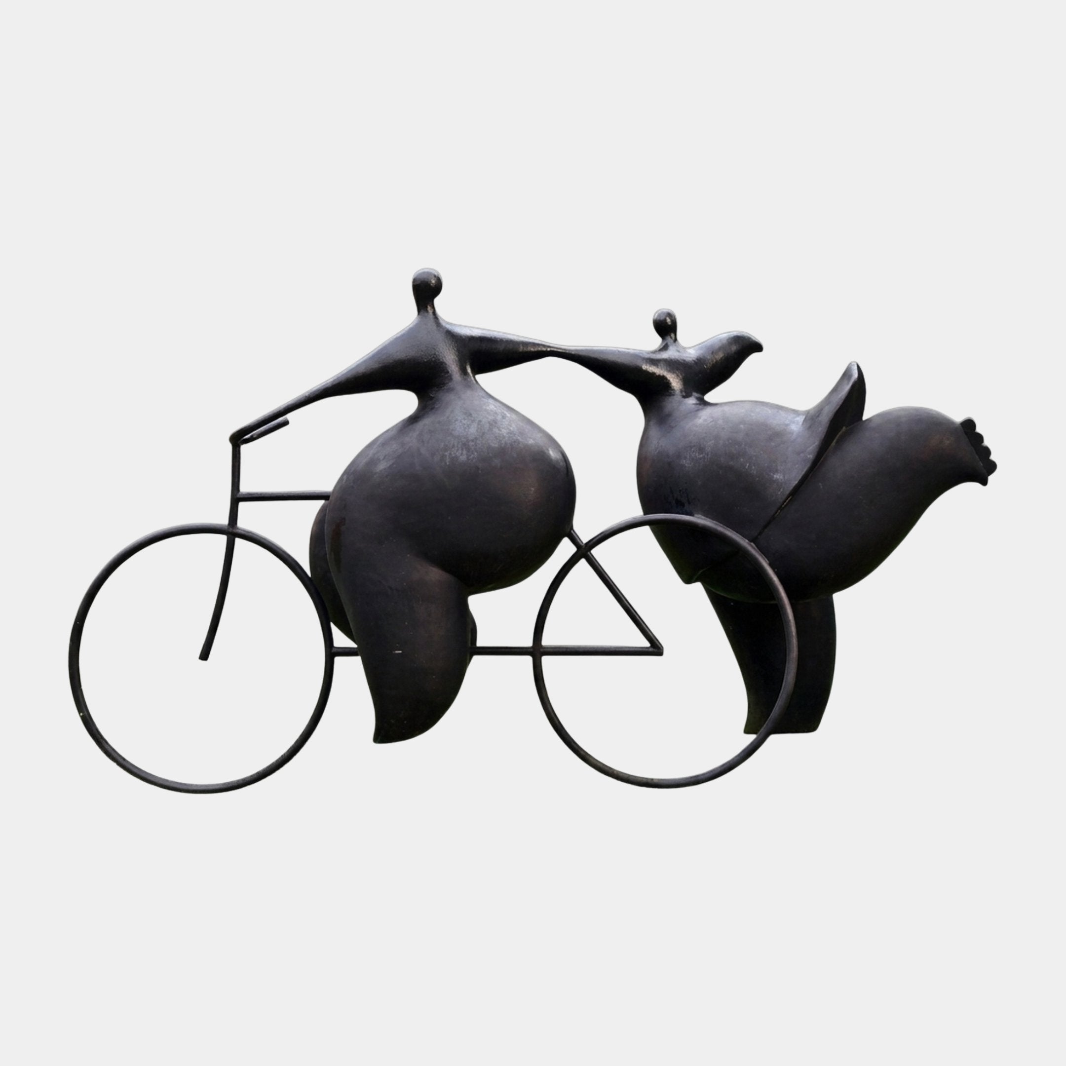 Monumental Modern Rotund Figures on Bicycle Bronze Sculpture by Giant Sculptures, 240cm, two rounded black-patina figures on a slender bronze bicycle frame.