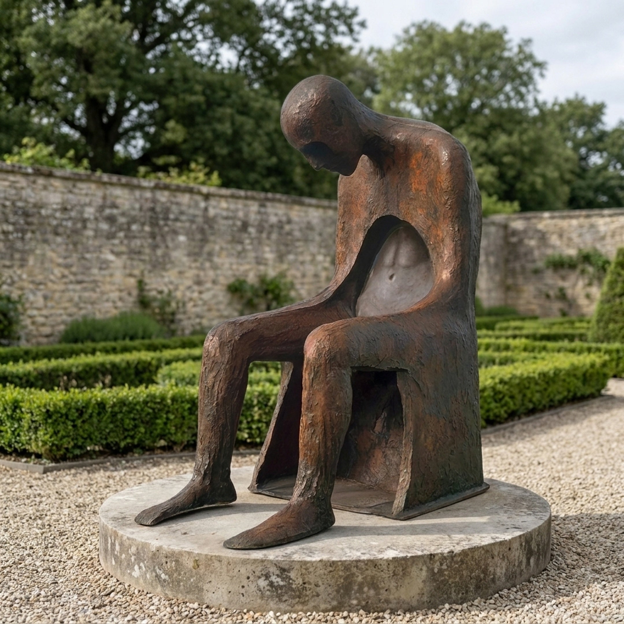 Monumental Modern Seated Figure with Hollow Torso Bronze Sculpture by Giant Sculptures, 220cm, on a circular stone plinth in a walled garden.