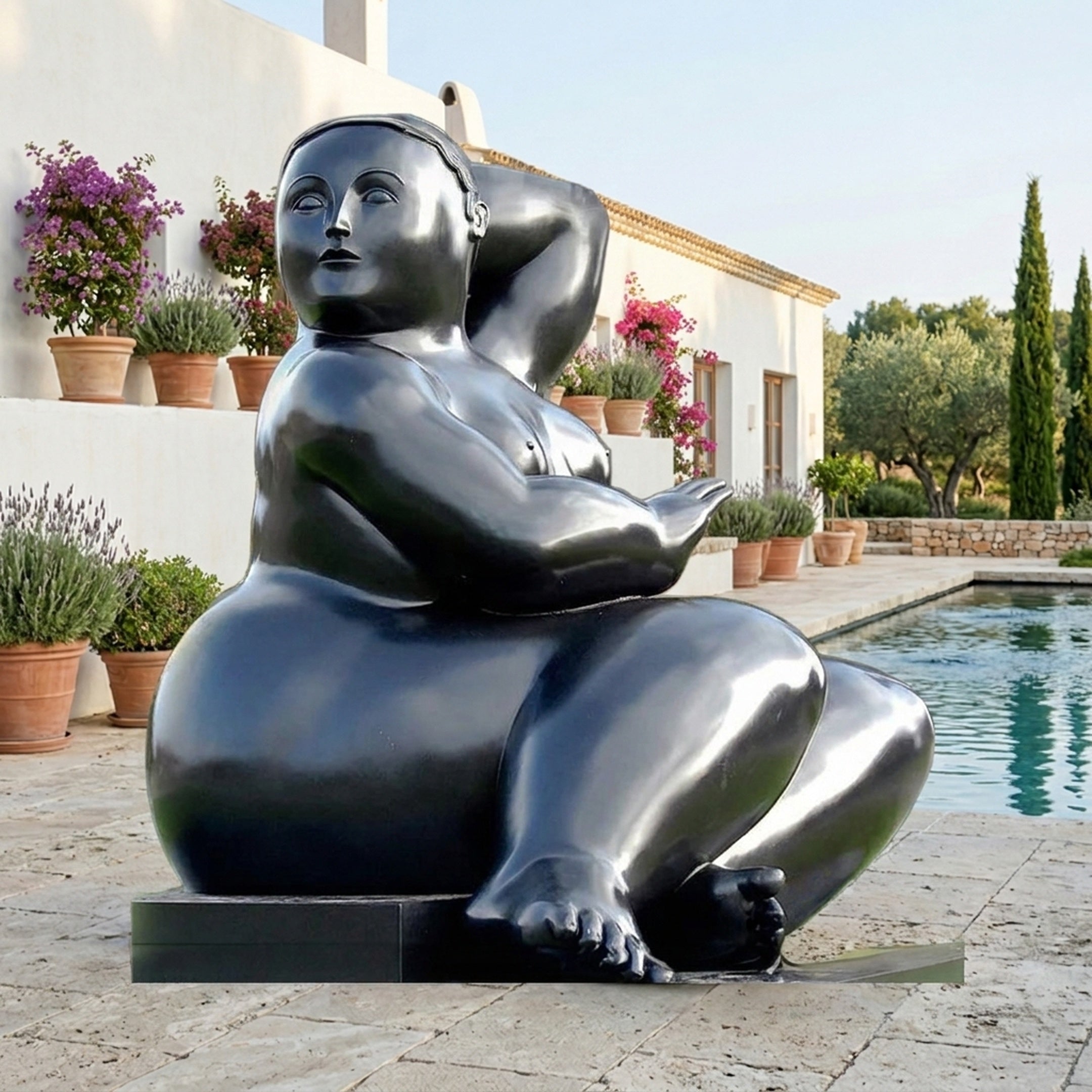 Monumental Modern Seated Nude Female Bronze Sculpture in near-black patina by Giant Sculptures, displayed poolside beside a villa with potted flowers.