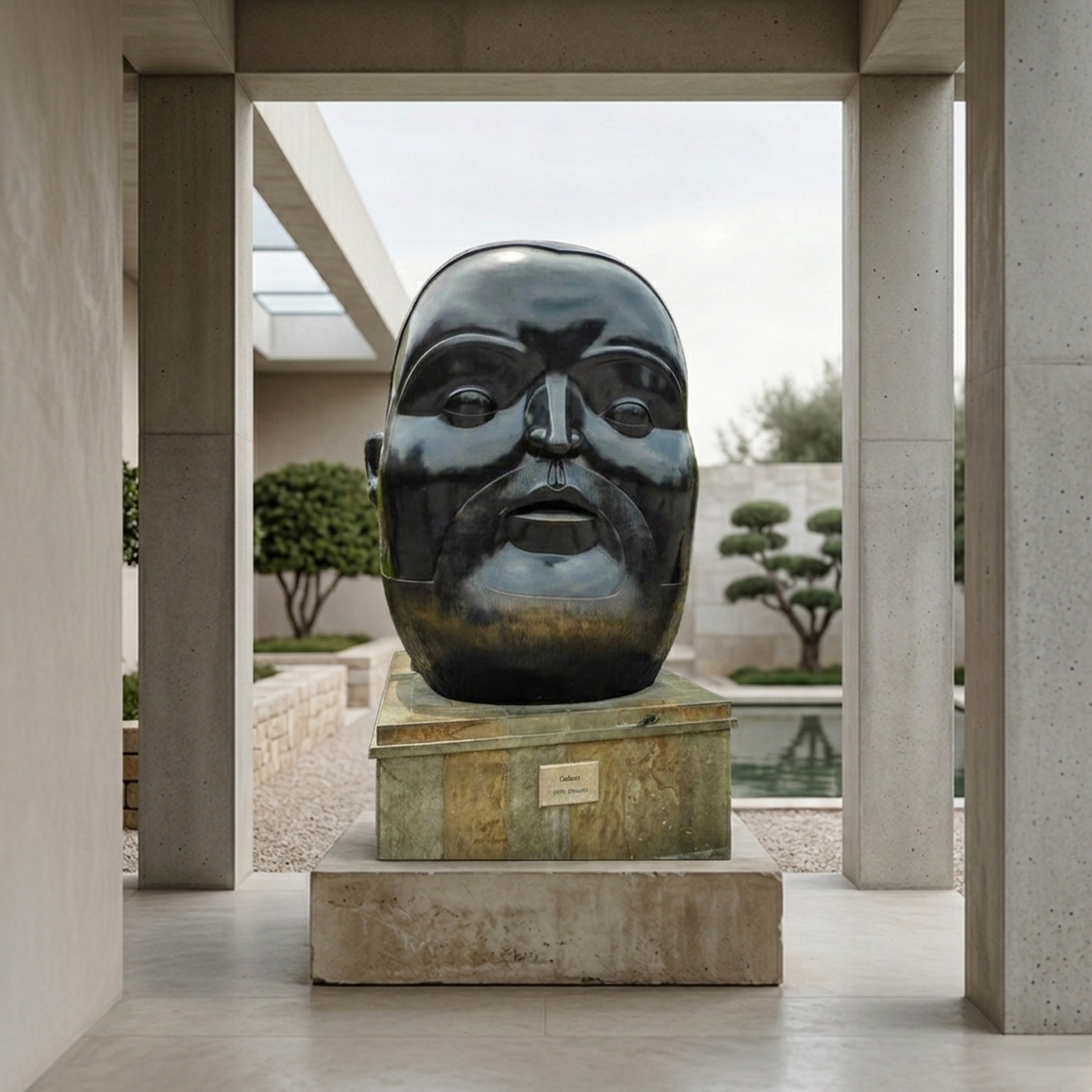Monumental Oversized Human Head Bronze Sculpture by Giant Sculptures in high-gloss black patina on a stone plinth, displayed in a concrete courtyard with pool.