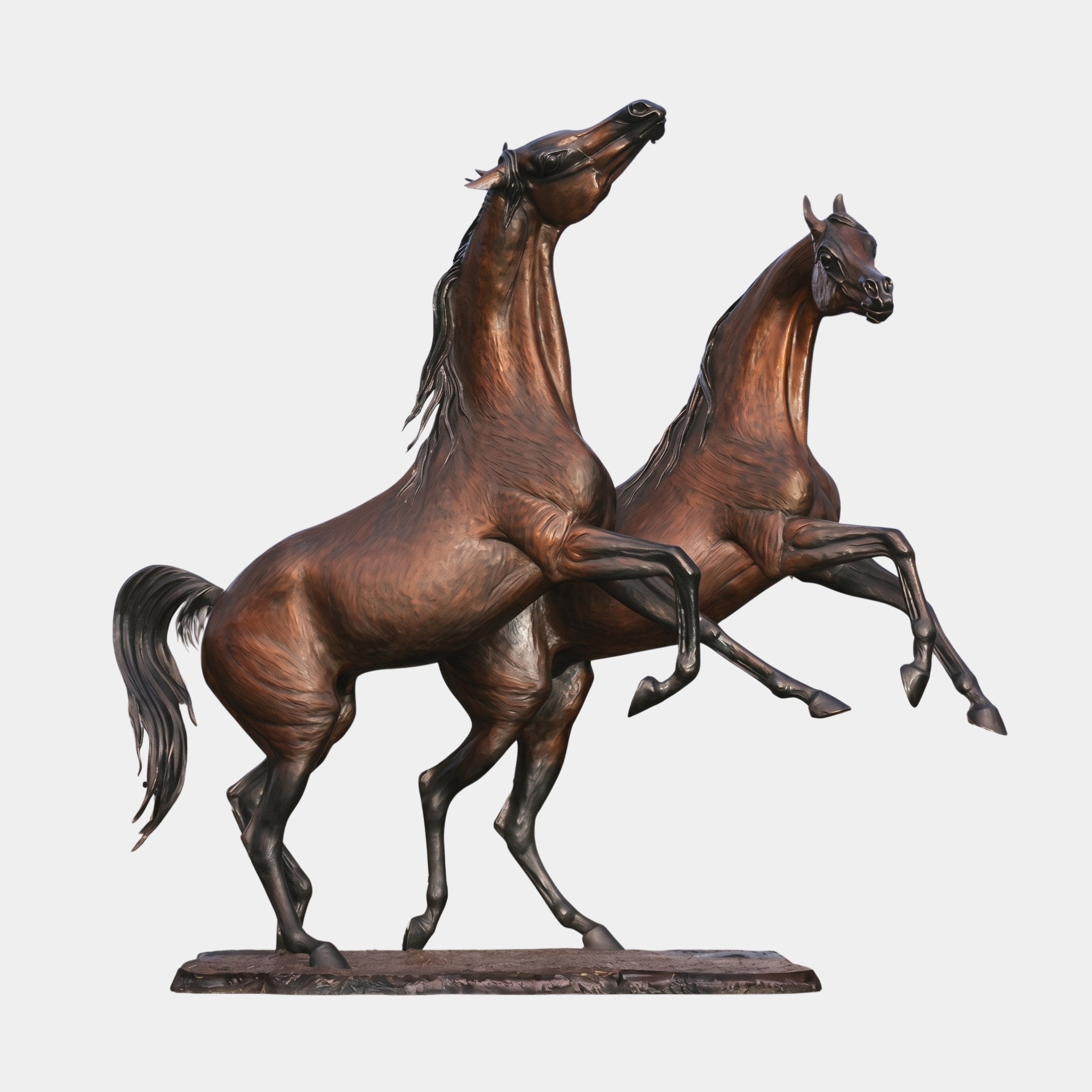 Monumental Rearing and Leaping Arabian Horses Bronze Sculpture by Giant Sculptures, 300cm, two horses in warm brown patina on a low base, plain background.