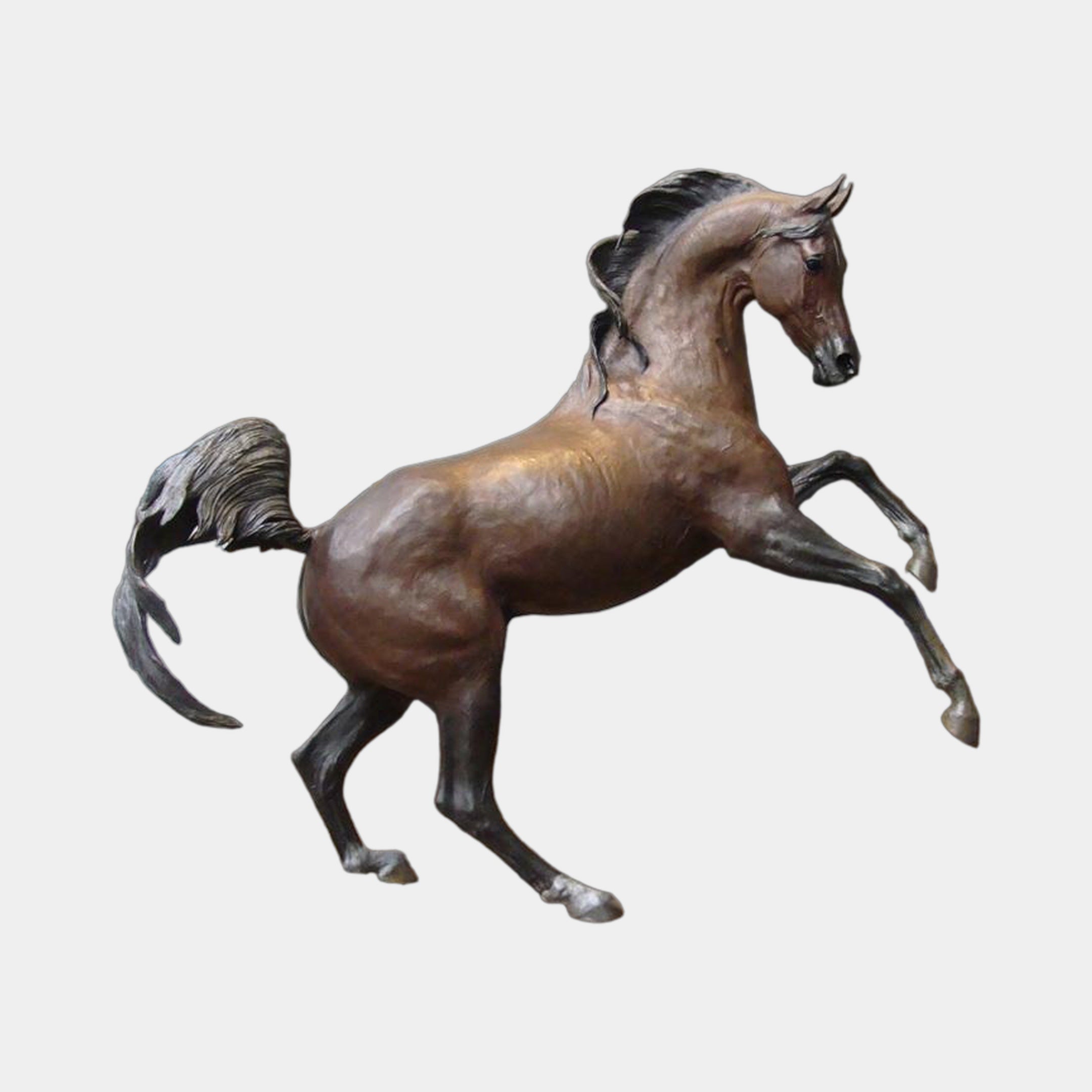 Giant Sculptures Monumental Rearing Arabian Horse Bronze Sculpture 260cm in warm brown patina with black mane and tail, rearing pose on plain background.