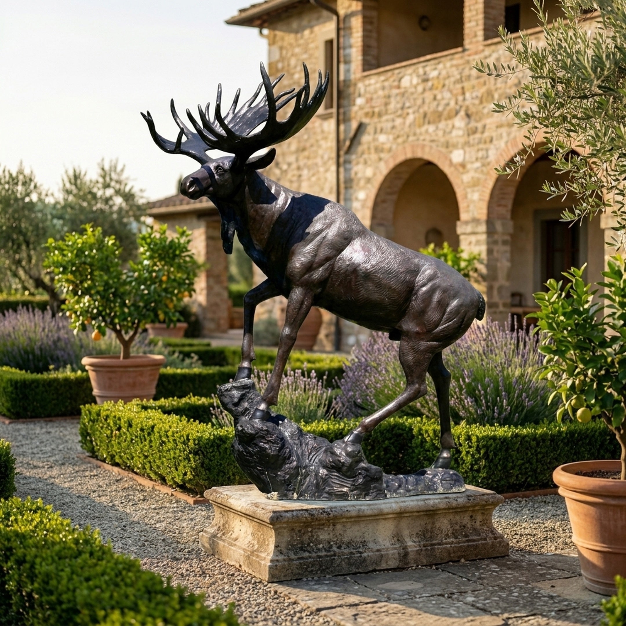 Monumental Rearing Bull Moose Bronze Sculpture by Giant Sculptures on a stone plinth in a Tuscan garden with lavender, lemon trees, and stone villa.
