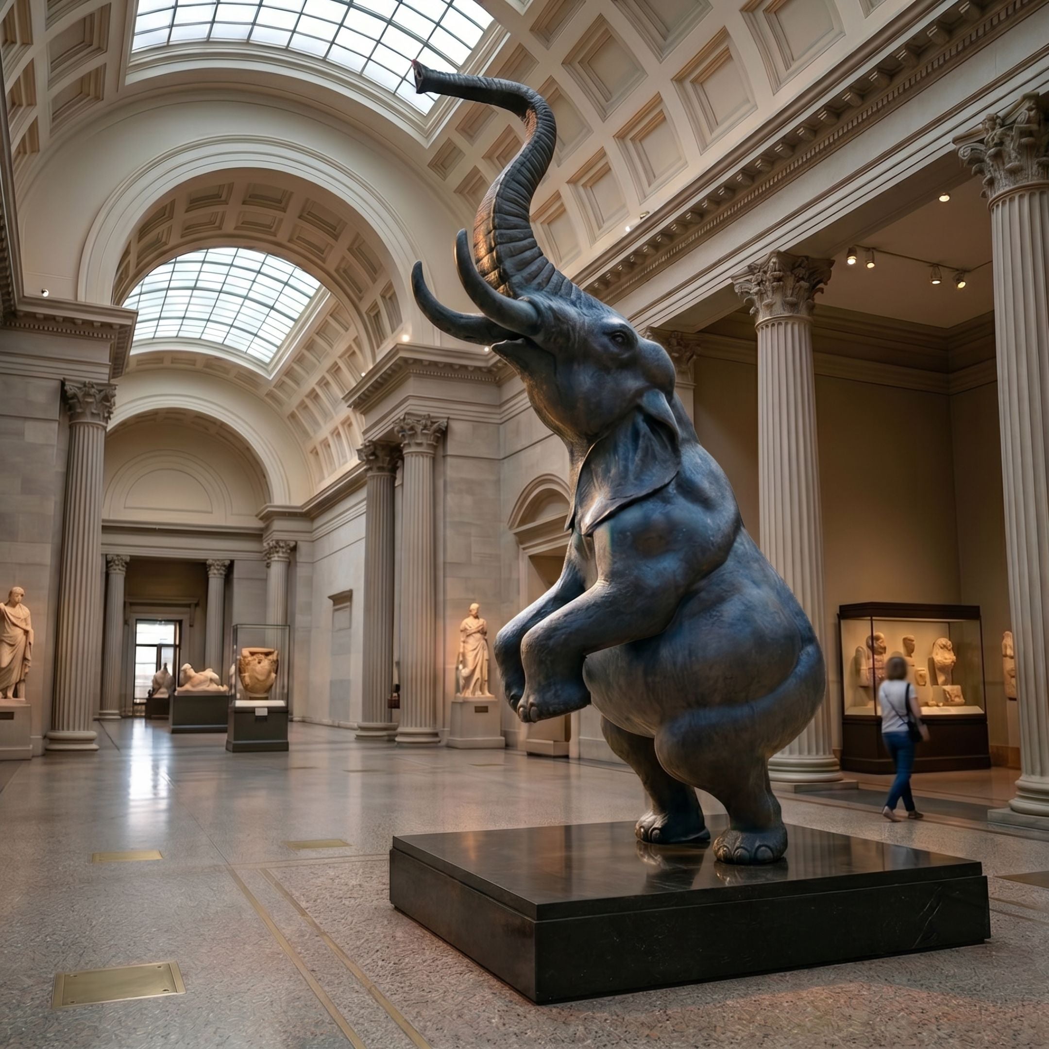 Monumental Rearing Elephant Bronze Sculpture by Giant Sculptures, 360cm dark-patinated bronze on a matching plinth, displayed in a columned museum gallery.