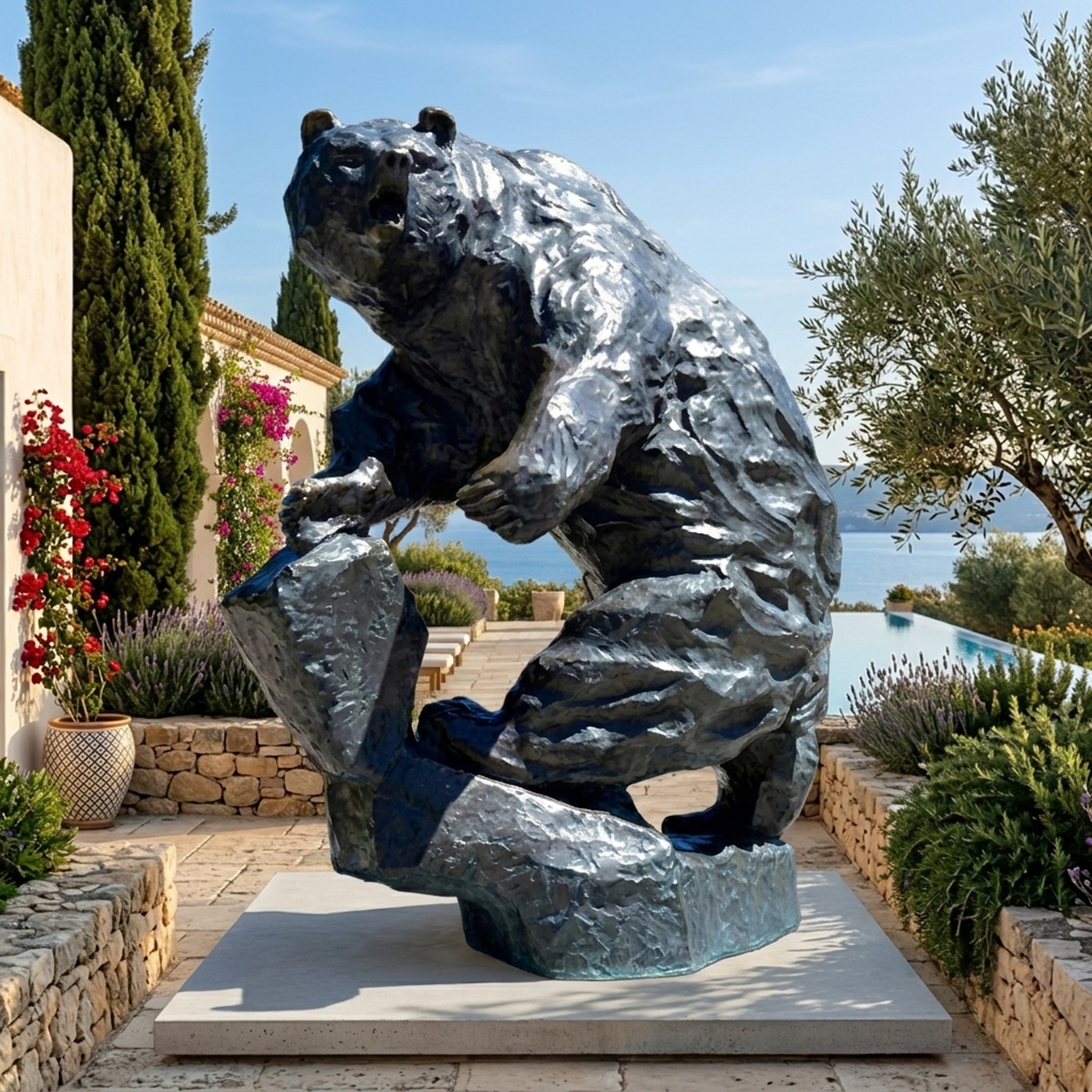 Monumental Rearing Grizzly Bear Bronze Sculpture by Giant Sculptures, 320cm, displayed on a stone terrace with olive trees and a sea view beyond.