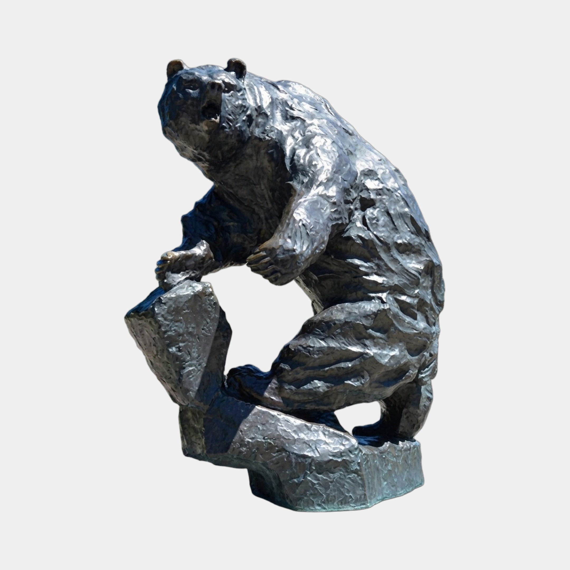 Monumental Rearing Grizzly Bear Bronze Sculpture by Giant Sculptures, shown seated on a rocky base with dark patinated finish against a plain background.