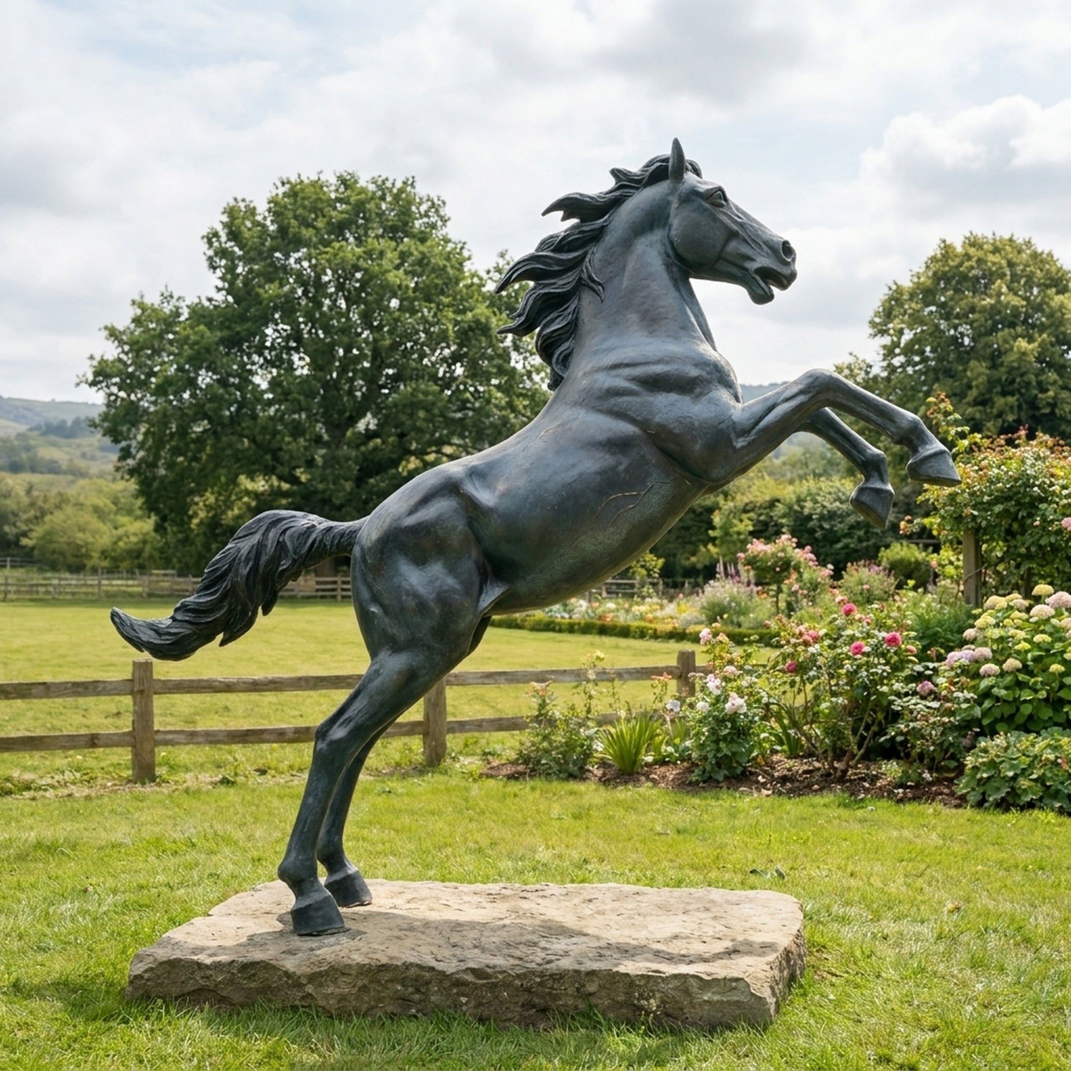 Giant Sculptures Monumental Rearing Horse Bronze Sculpture 260cm with dark greenish-black patina on a stone slab base, set on a lawn beside a flower bed.