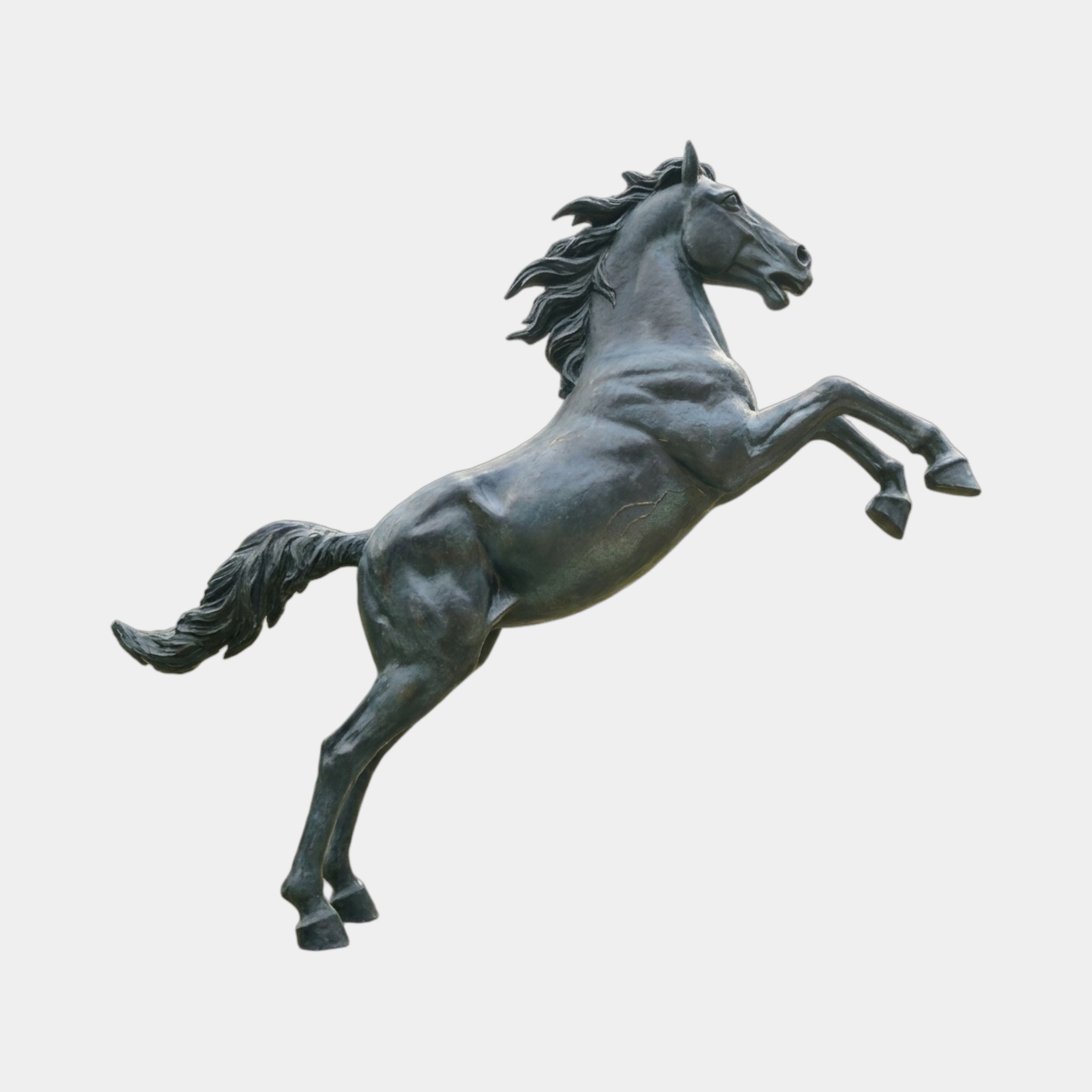 Monumental Rearing Horse Bronze Sculpture 260cm by Giant Sculptures, shown rearing on hind legs with flowing mane and dark greenish-black patina against a plain background.