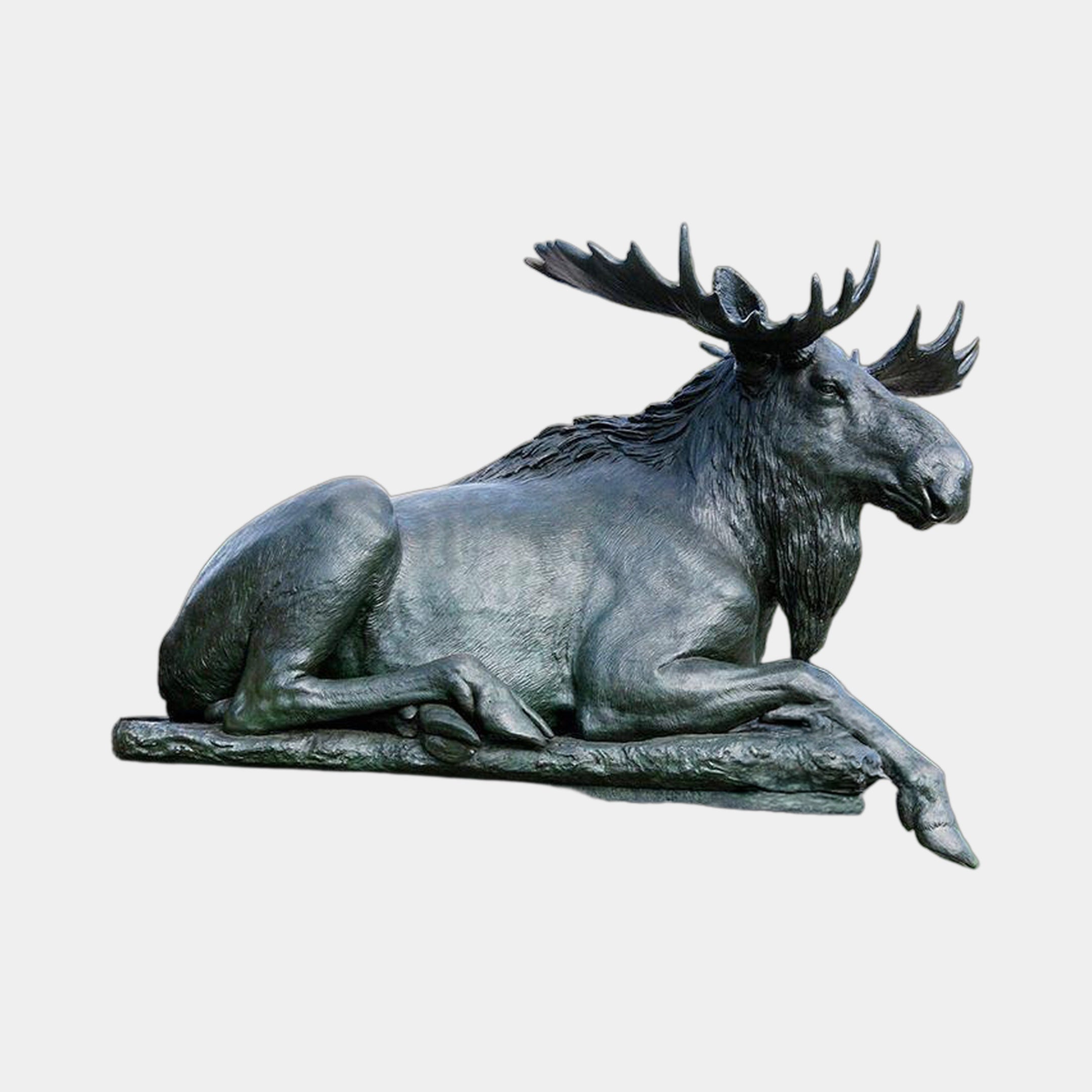 Giant Sculptures' Monumental Reclining Moose Bronze Sculpture in dark green-black patina, shown in side profile with legs tucked and broad palmate antlers raised.