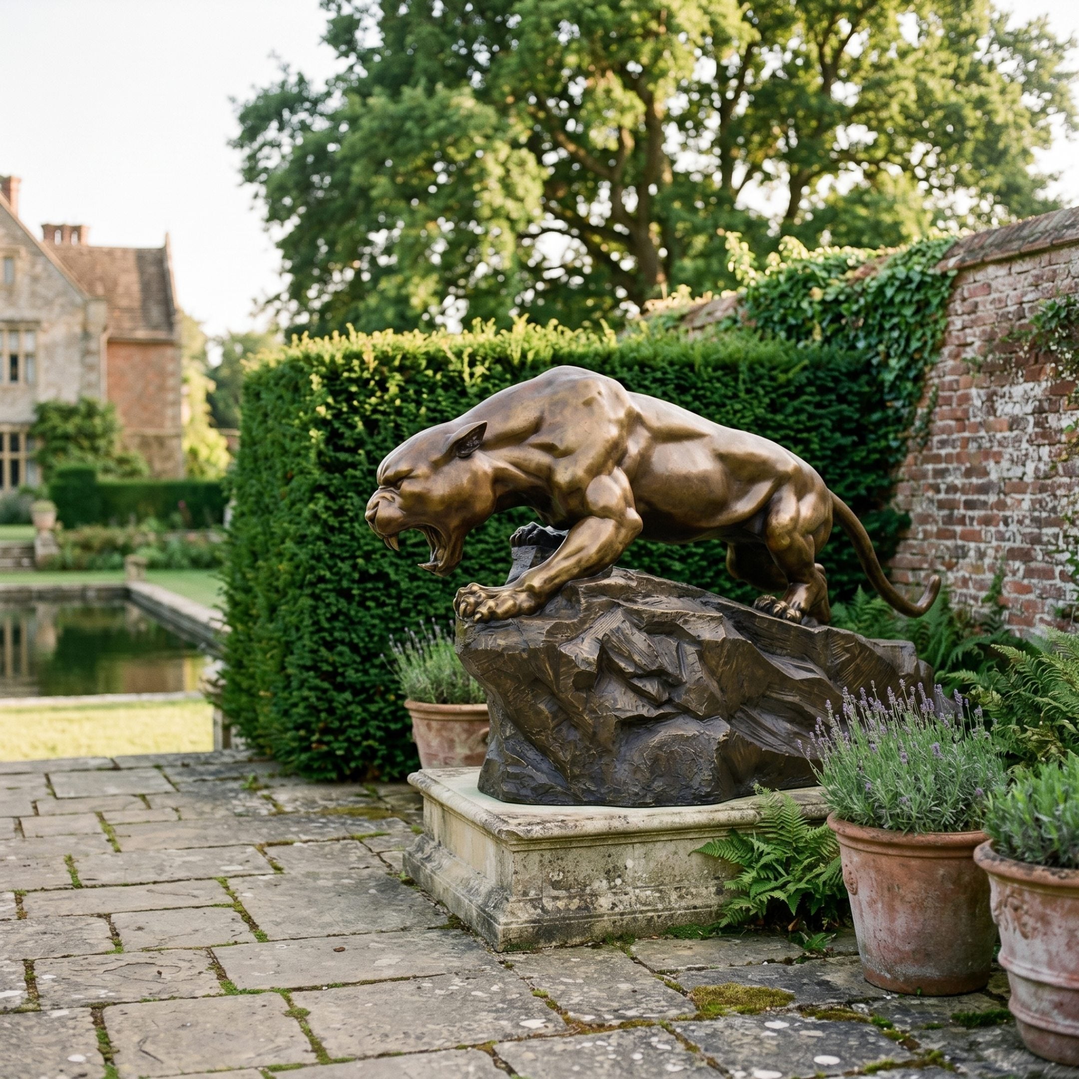 Monumental Roaring Panther Bronze Sculpture by Giant Sculptures, crouched mid-roar on a rocky base with golden-brown patina, displayed on a garden terrace.