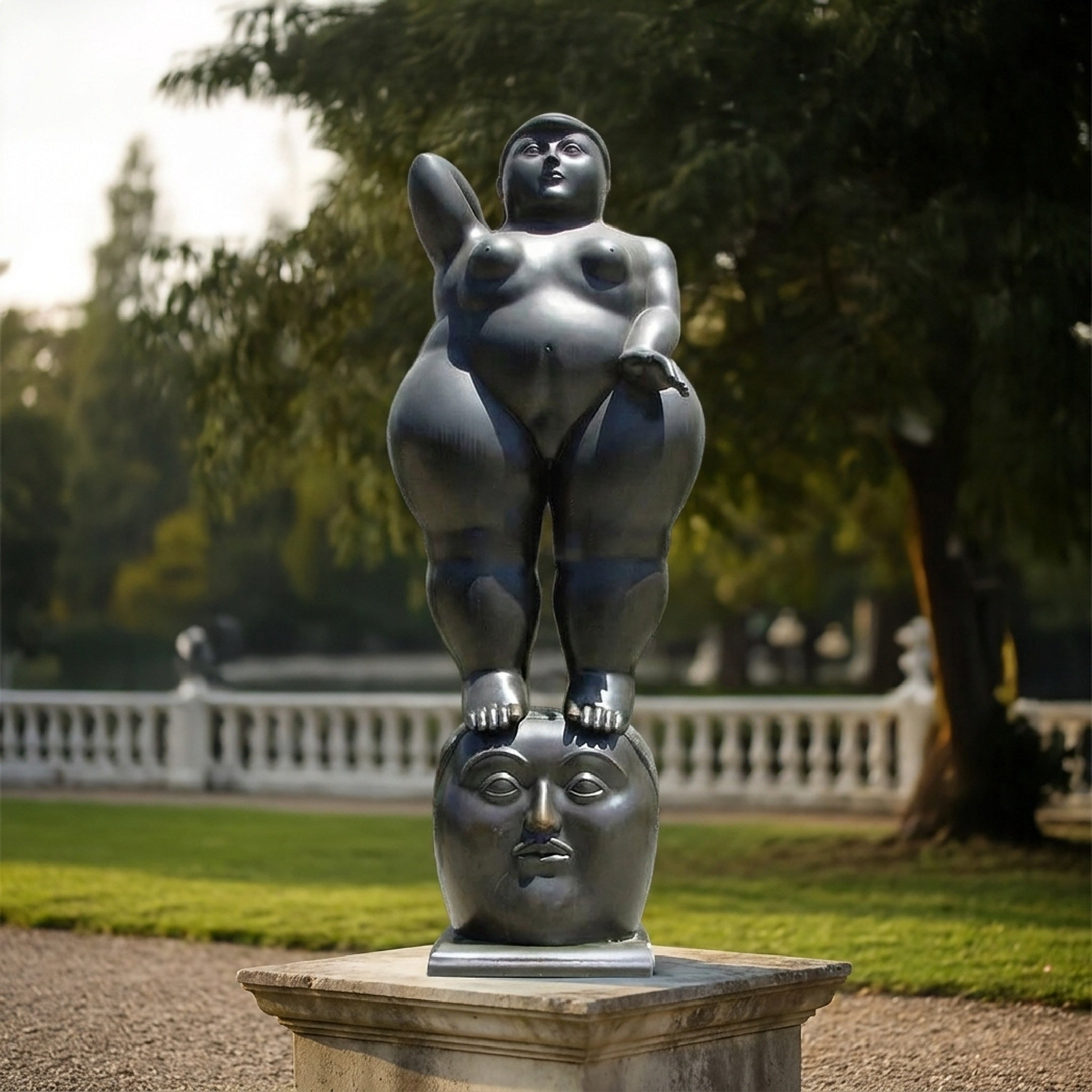 Monumental Rotund Nude Female Figure Bronze Sculpture by Giant Sculptures in near-black patina, standing on a spherical head atop a stone plinth in a park.