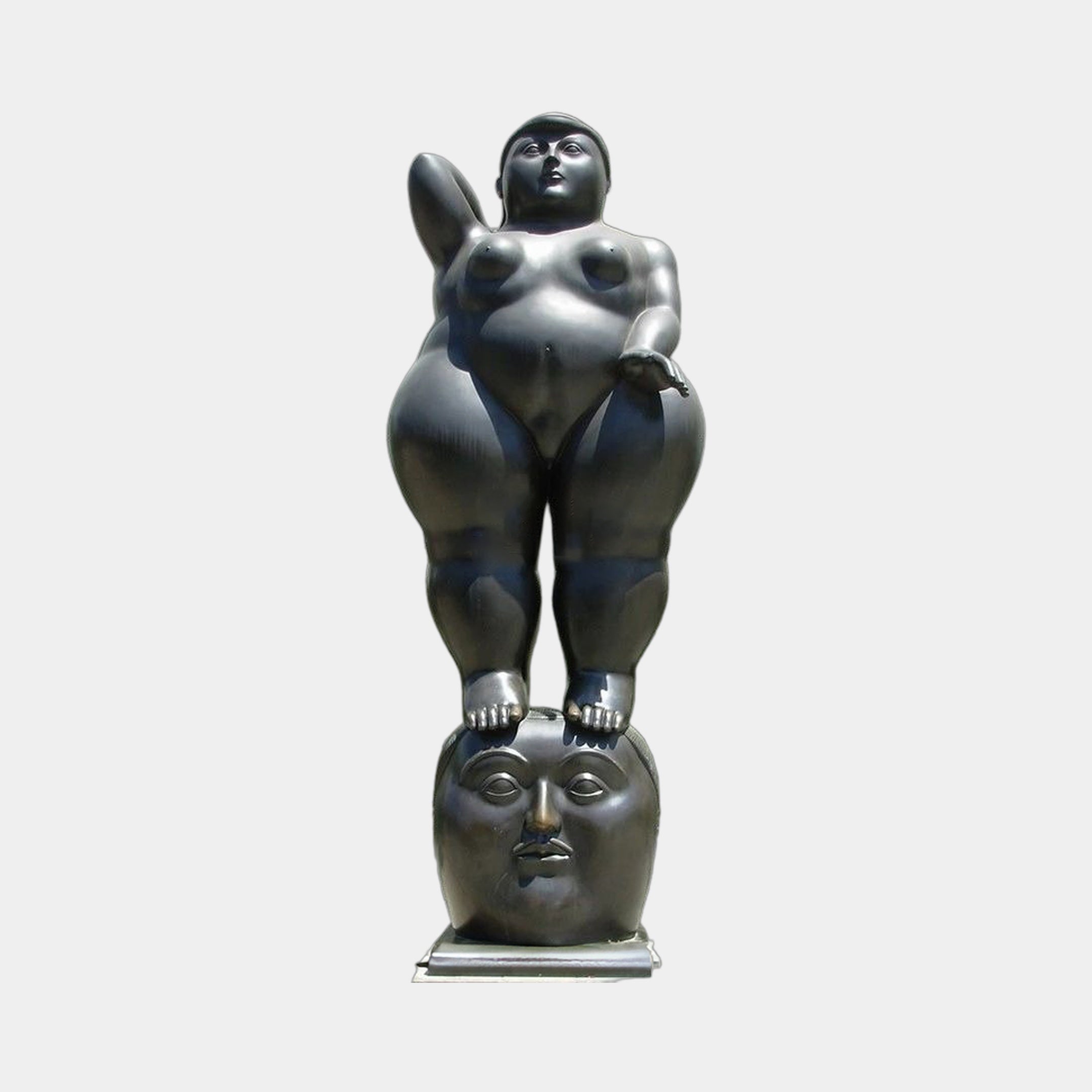Monumental Rotund Nude Female Figure Bronze Sculpture by Giant Sculptures, 350cm, near-black patina nude balancing on a spherical head against a plain background.