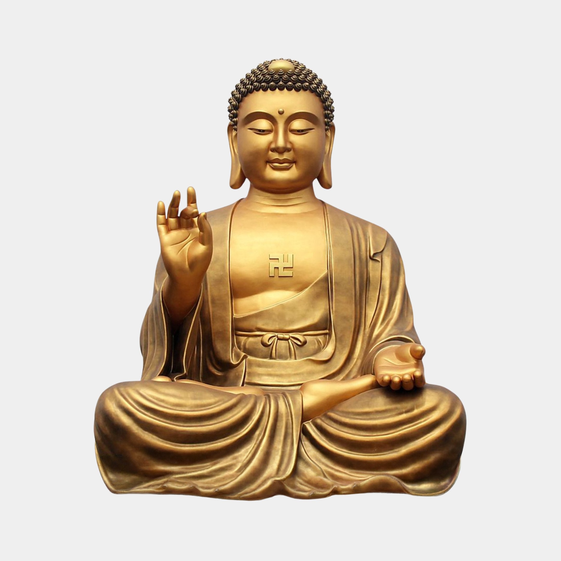 Giant Sculptures Monumental Seated Buddha Bronze Sculpture 220cm in polished gold finish, seated in full lotus with raised right hand, shown on a plain grey background.