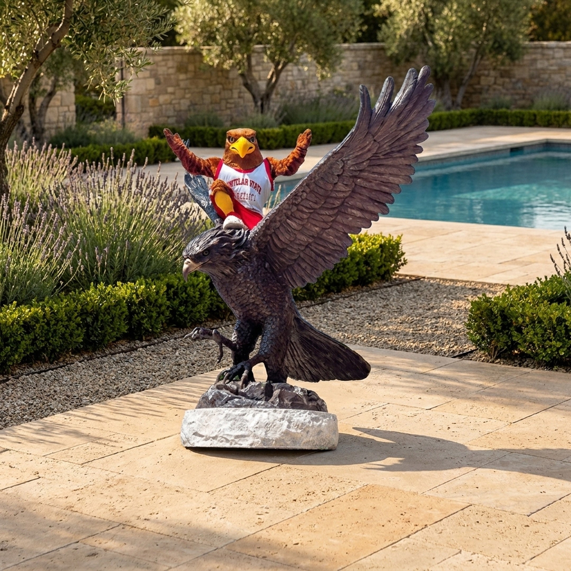 Monumental Spread-Wing Eagle Bronze Sculpture by Giant Sculptures on a stone base beside a pool, with a costumed eagle mascot seated on its back.