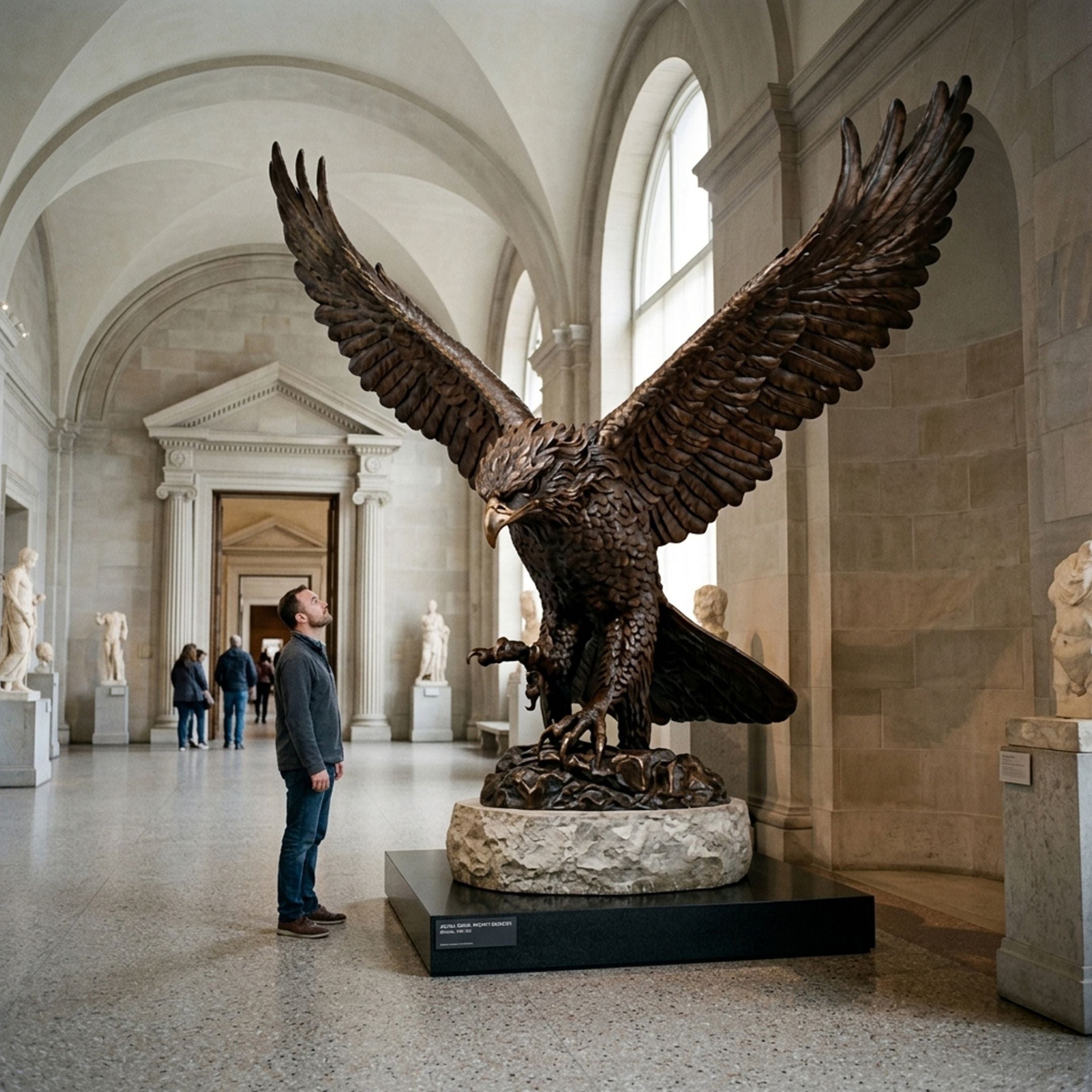 Monumental Spread-Wing Eagle Bronze Sculpture by Giant Sculptures, 350cm, displayed on a stone base in a vaulted museum gallery beside a man for scale.