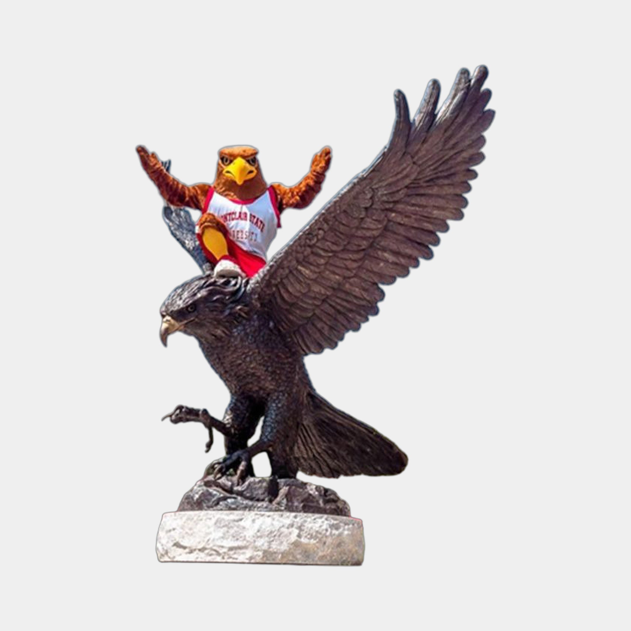 Monumental Spread-Wing Eagle Bronze Sculpture by Giant Sculptures with dark patina, wings extended on a rocky base, topped by a costumed eagle mascot figure.