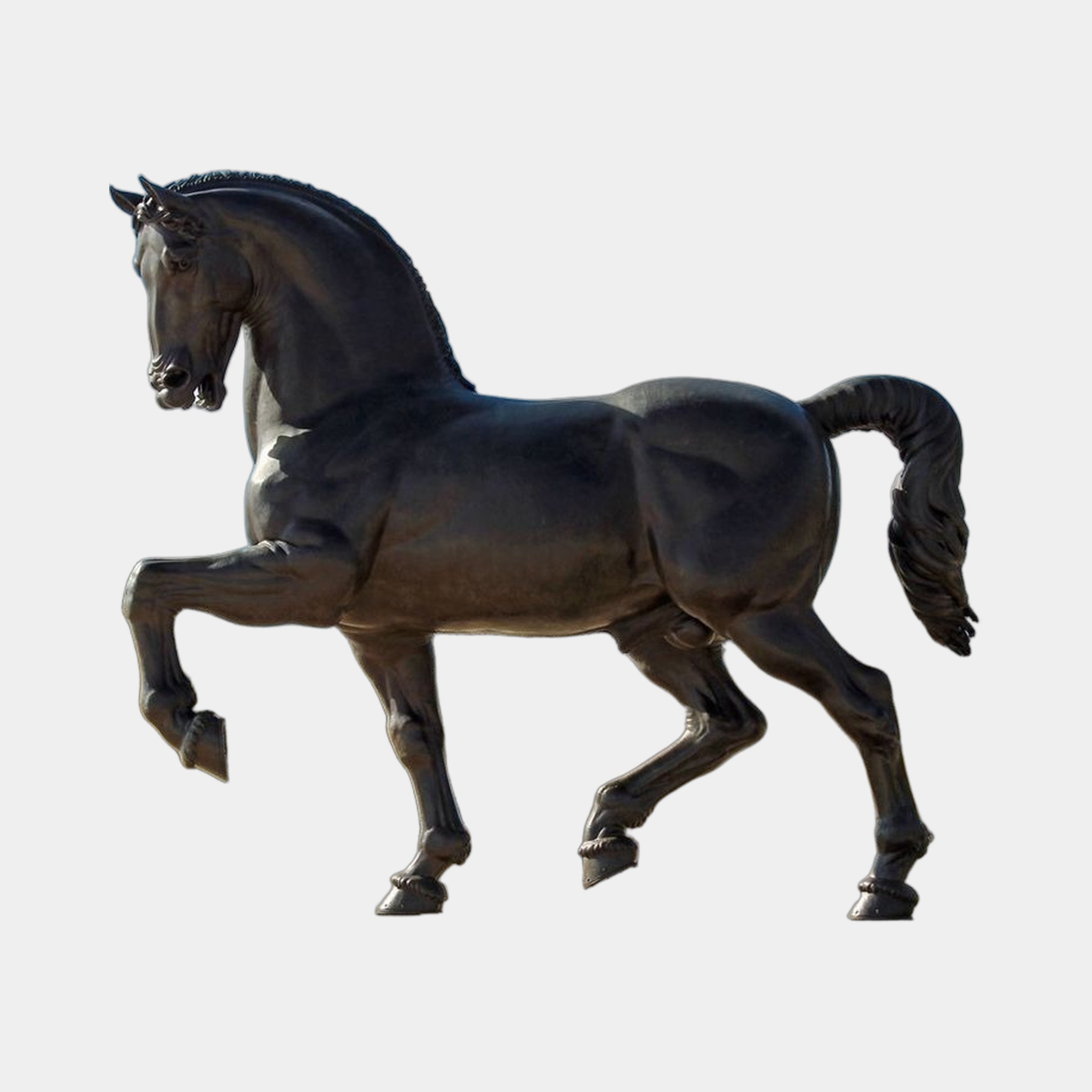 Monumental Striding Horse Bronze Sculpture by Giant Sculptures, 280cm, side view with raised front leg and dark brown-black patina on a plain background.