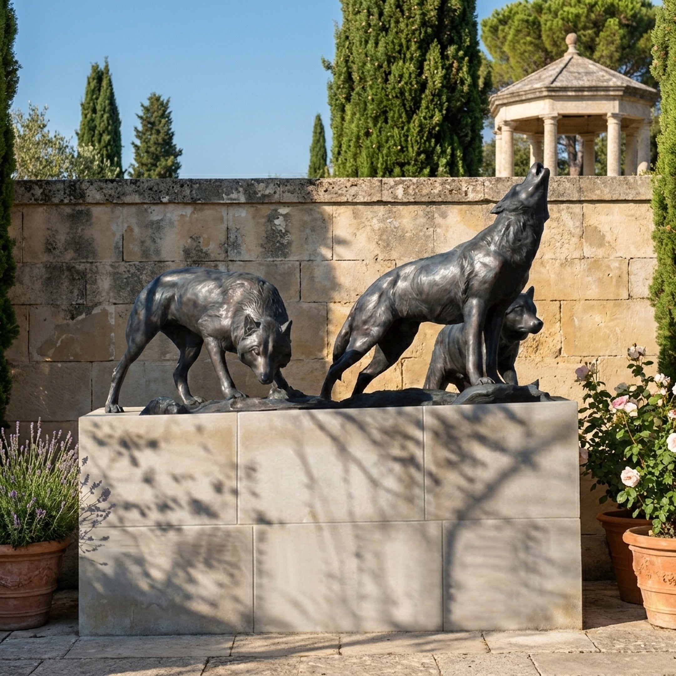 Monumental Three Wolf Bronze Sculpture by Giant Sculptures on a pale stone plinth in a Mediterranean garden, showing a stalking wolf, a howling wolf, and a crouching wolf in dark patina.