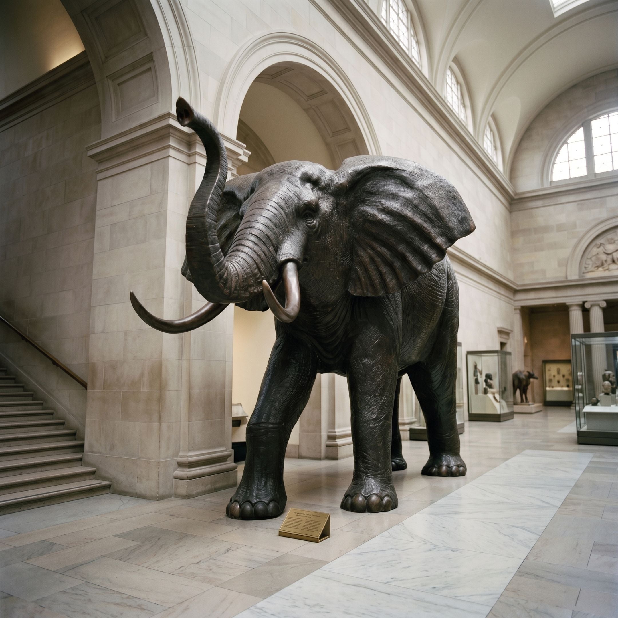 Giant Sculptures' 330cm Monumental Traditional African Elephant Bronze Sculpture displayed in a museum hall, trunk raised, ears flared, lighter-patina tusks.