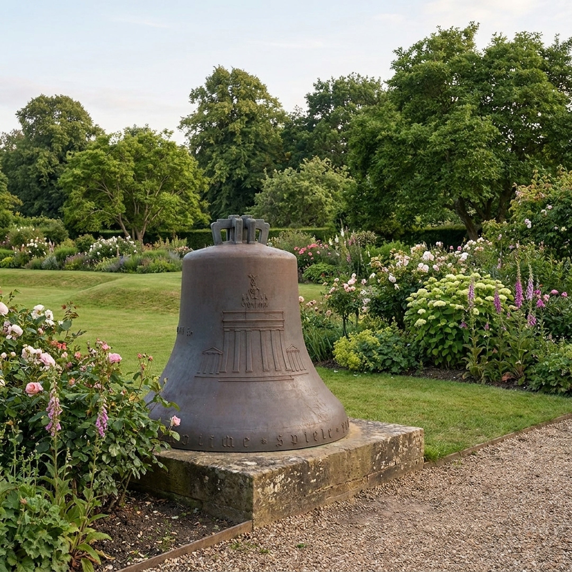 Monumental Traditional Architectural Bell Bronze Sculpture by Giant Sculptures on a stone plinth in a garden with roses, foxgloves, and trees.
