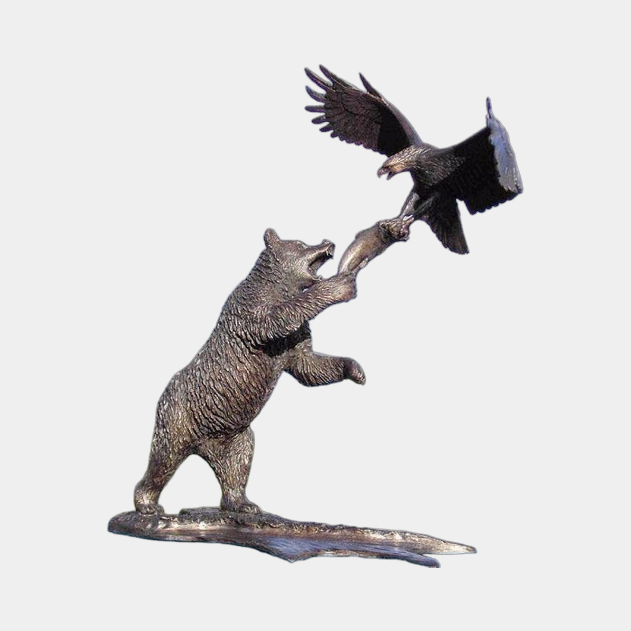 Monumental Traditional Bear and Eagle Bronze Sculpture by Giant Sculptures, 300cm, rearing bear and descending eagle locked over a fish on a rocky base.