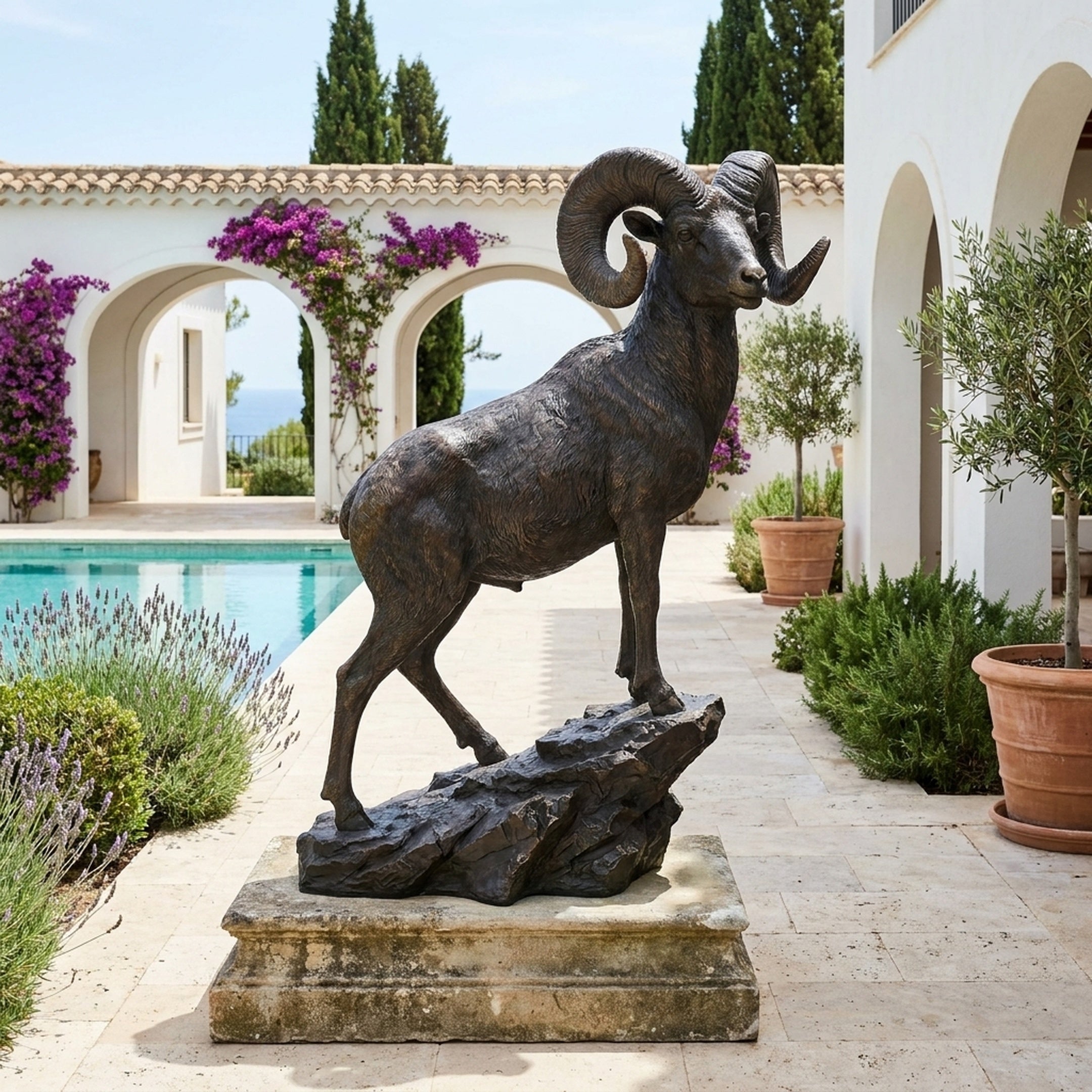 Monumental Traditional Bighorn Ram Bronze Sculpture by Giant Sculptures on a stone plinth beside a Mediterranean villa pool with arches and bougainvillea.