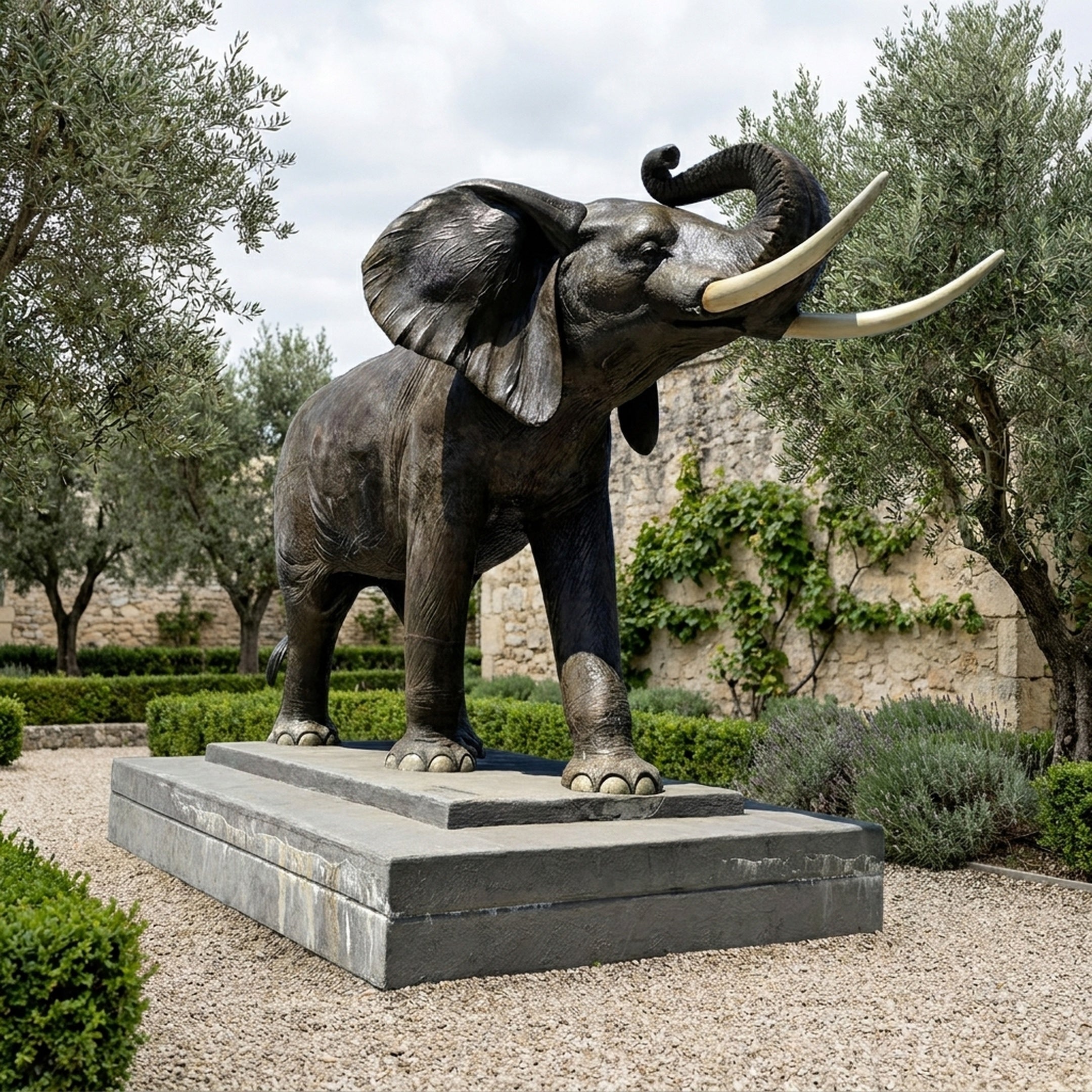 Monumental Traditional Bull Elephant Bronze Sculpture by Giant Sculptures with trunk raised and pale tusks, on a tiered stone plinth in an olive garden.