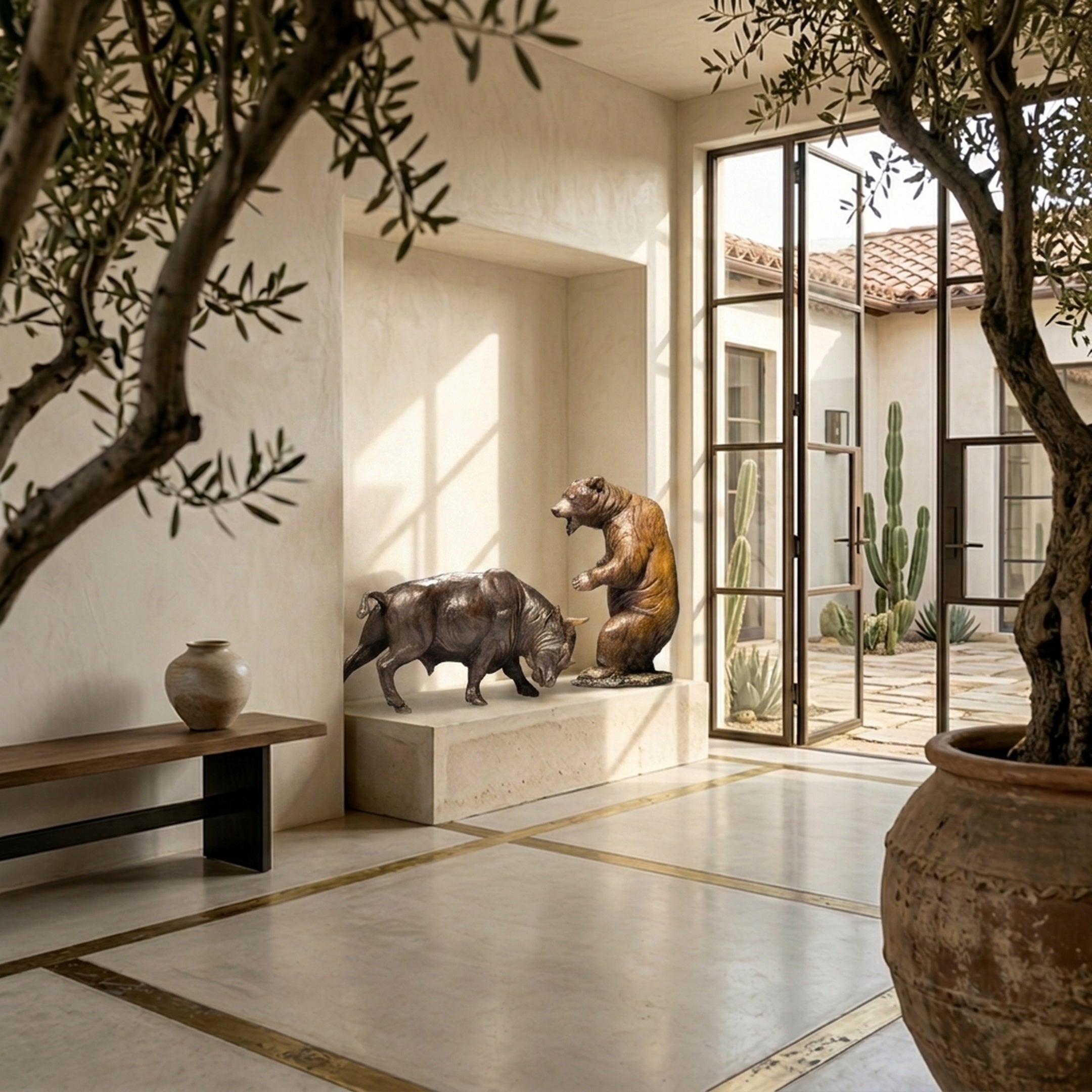 Monumental Traditional Charging Bull and Rearing Bear Bronze Sculpture Set displayed on a stone plinth in a sunlit Mediterranean entryway with olive trees.