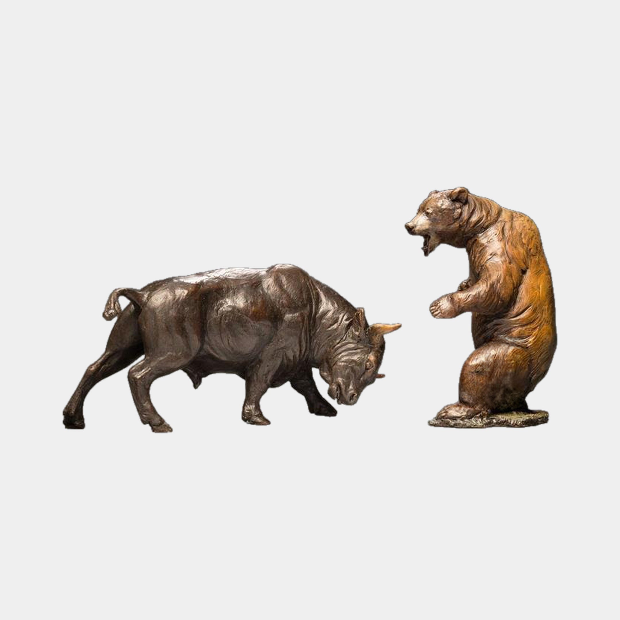Monumental Traditional Charging Bull and Rearing Bear Bronze Sculpture Set by Giant Sculptures, with dark brown bull lowered to charge and warm brown bear rearing.