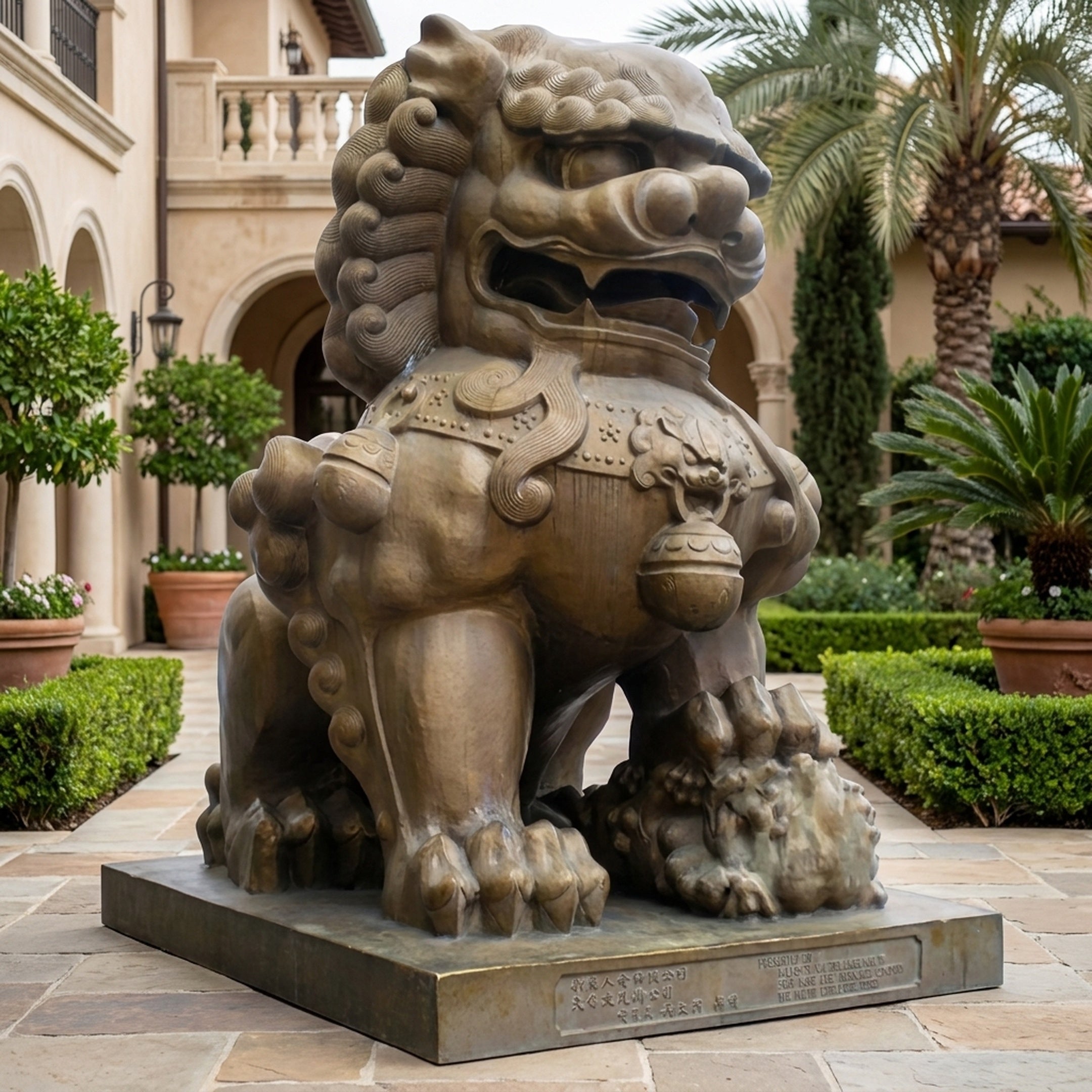 Monumental Traditional Chinese Guardian Lion Bronze Sculpture by Giant Sculptures, 250cm, shown seated with paw on orb in a Mediterranean courtyard.