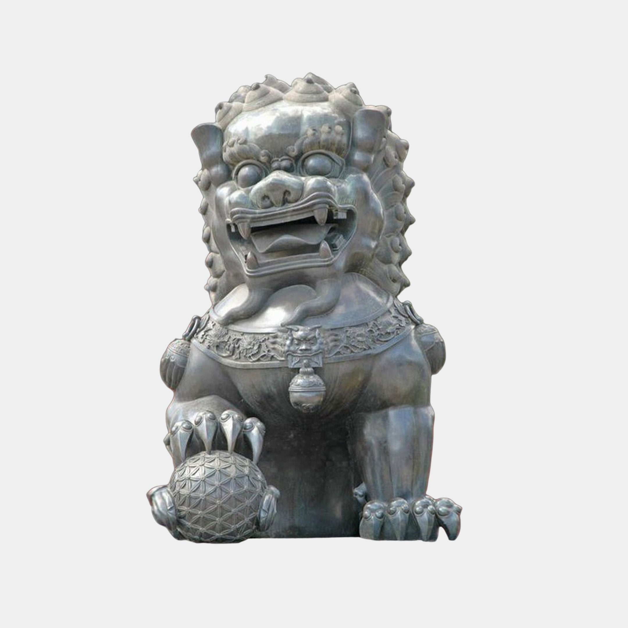 Monumental Traditional Chinese Guardian Lion Bronze Sculpture by Giant Sculptures, front view of the seated Fu Dog with paw on a lattice orb, dark patina.
