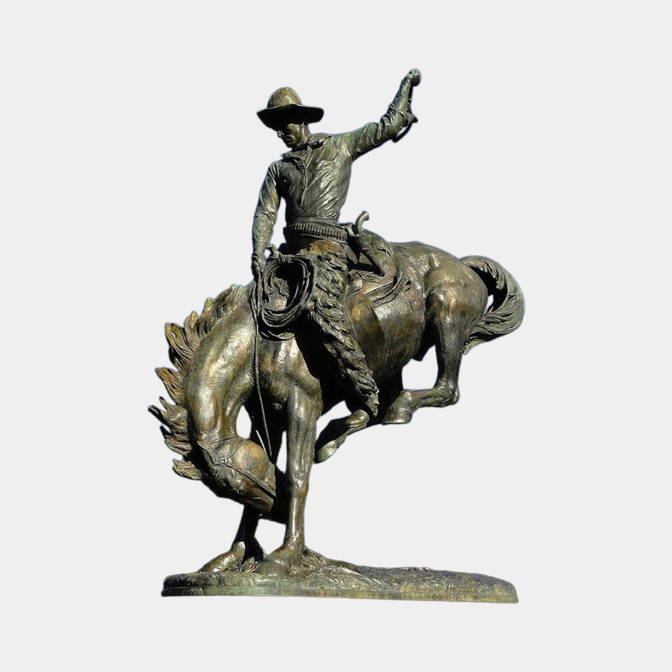 Giant Sculptures' 320cm Monumental Traditional Cowboy and Bucking Bronco Bronze Sculpture, rider raising hat as the horse rears, shown on a plain background.