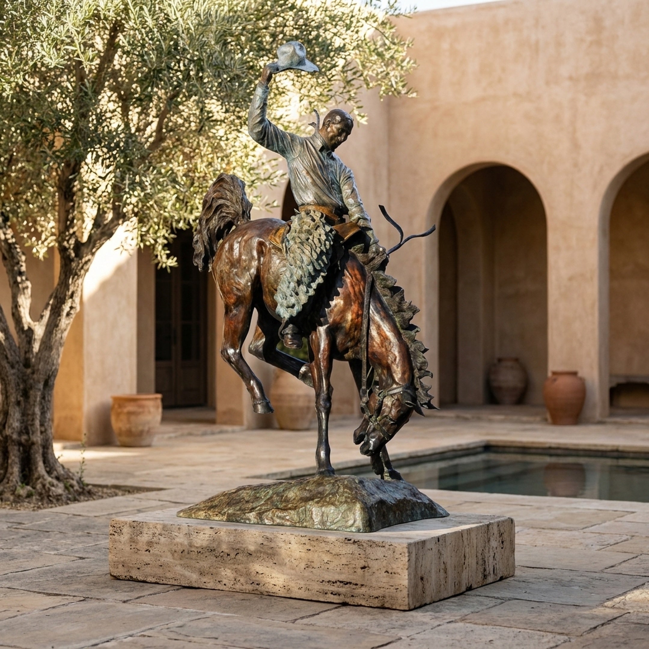 Monumental Traditional Cowboy on Bucking Bronco Bronze Sculpture by Giant Sculptures, displayed on a stone plinth in a sunlit courtyard beside a pool.