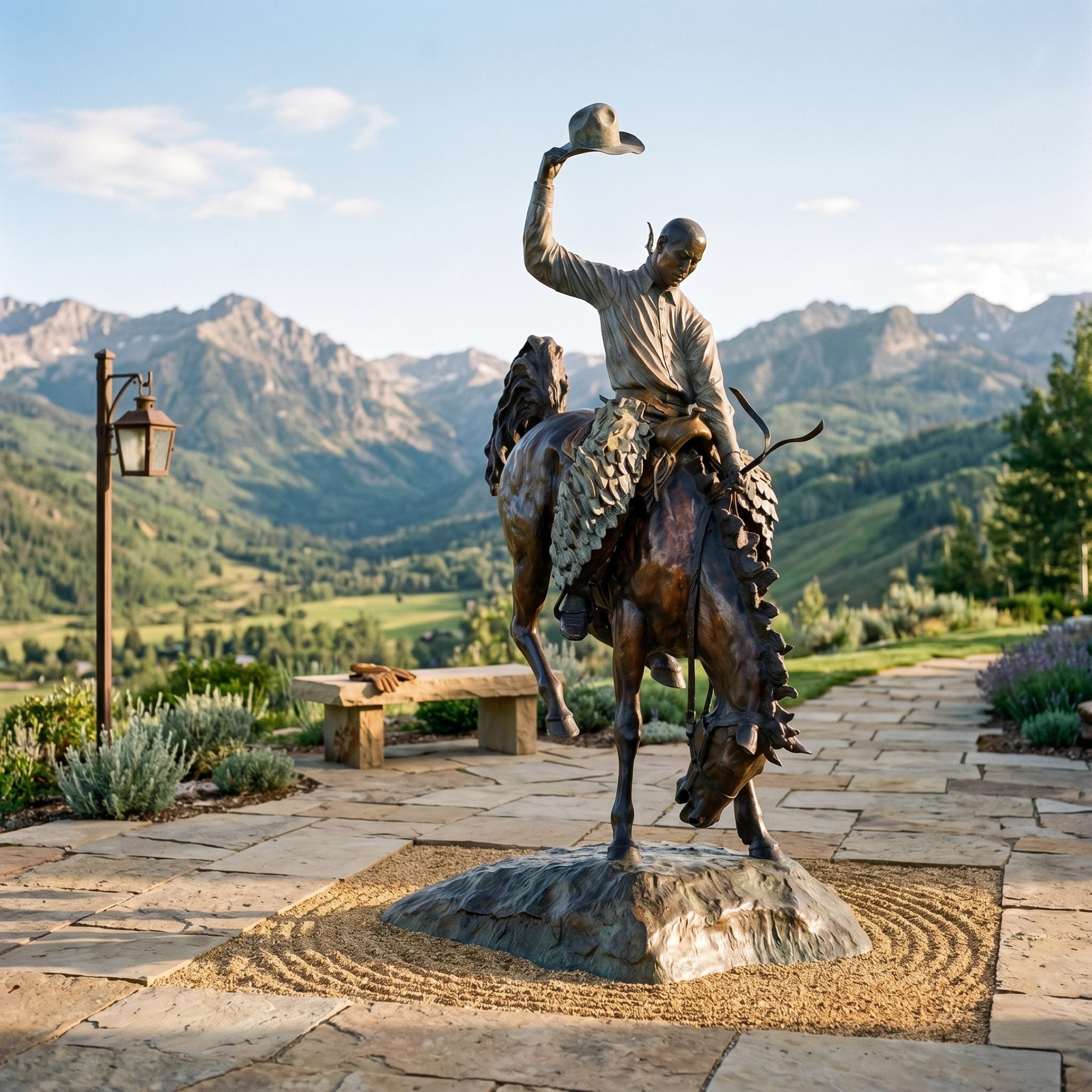 Monumental Traditional Cowboy on Bucking Bronco Bronze Sculpture by Giant Sculptures, rider raising hat as horse rears, displayed on a stone path with mountain views.